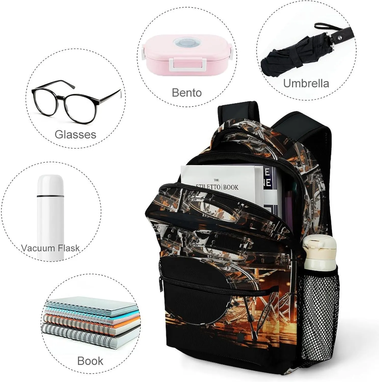 Small Backpacks Personalized Drummer Printing Travel Bag Lightweight Travel Backpack For Women Men
