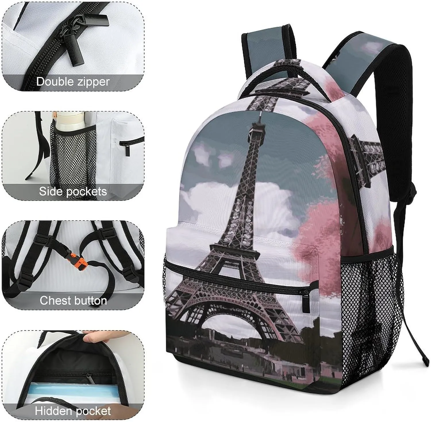 Small Backpacks Personalized Eiffel Tower Printing Travel Bag Lightweight Travel Backpack For Women Men