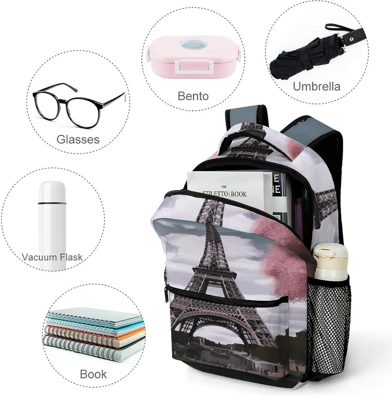 Small Backpacks Personalized Eiffel Tower Printing Travel Bag Lightweight Travel Backpack For Women Men