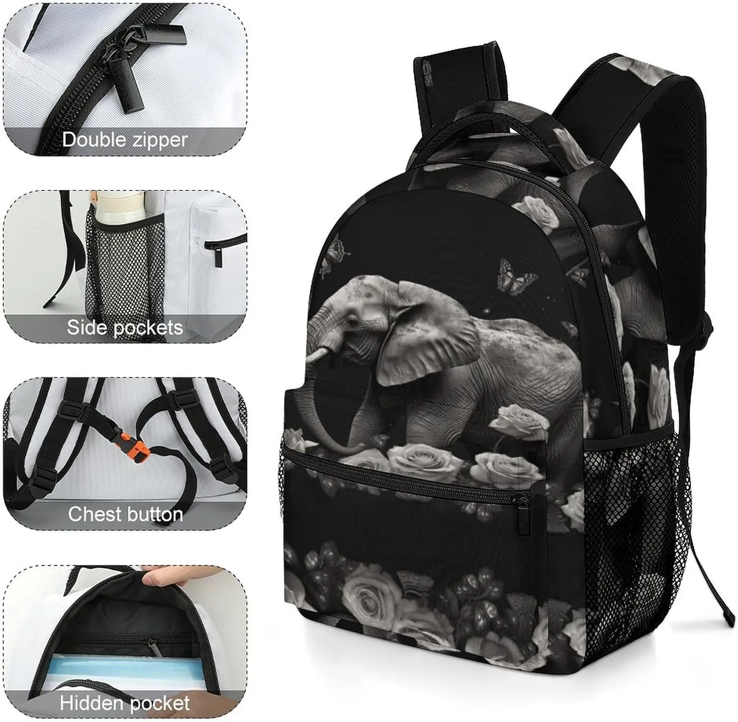 Small Backpacks Personalized Elephant And Butterfly Printing Travel Bag Lightweight Travel Backpack For Women Men