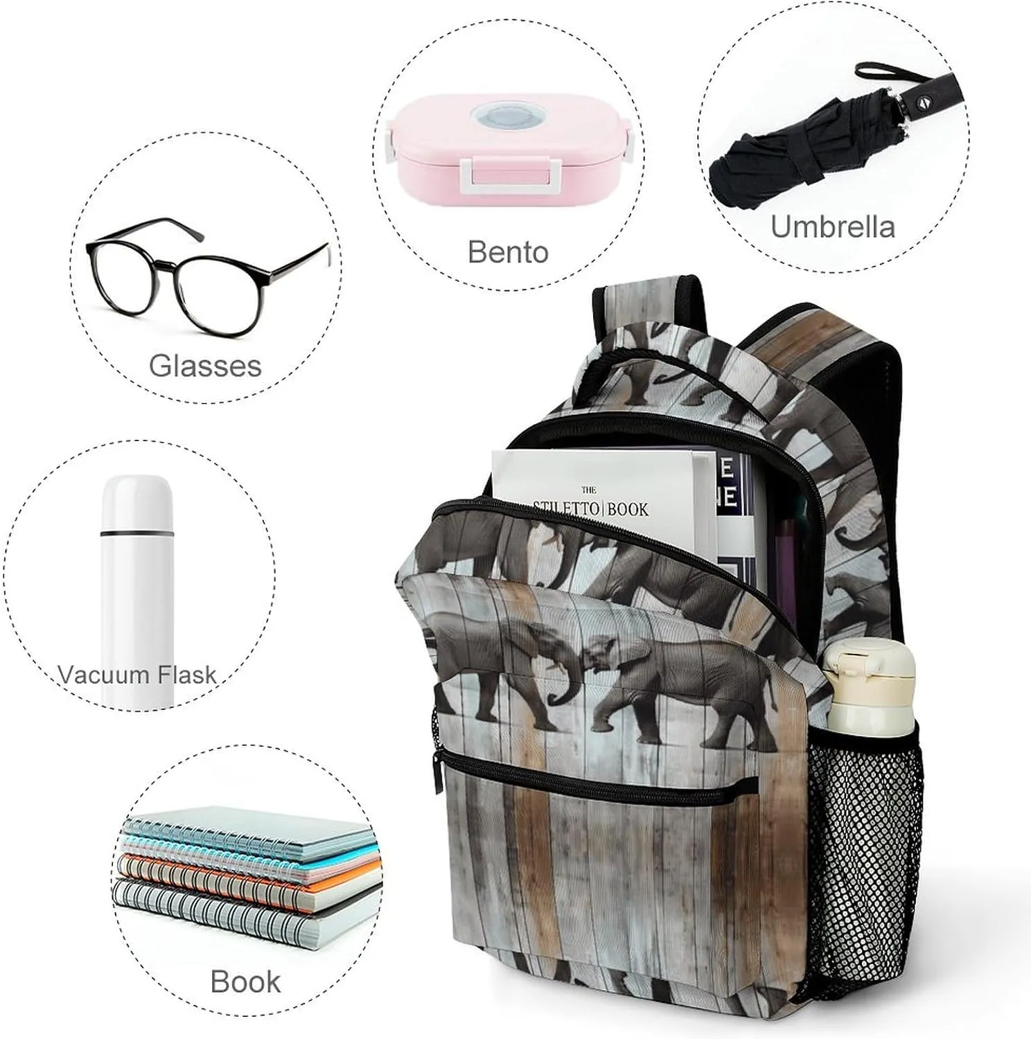 Small Backpacks Personalized Elephant on Wood Printing Travel Bag Lightweight Travel Backpack For Women Men