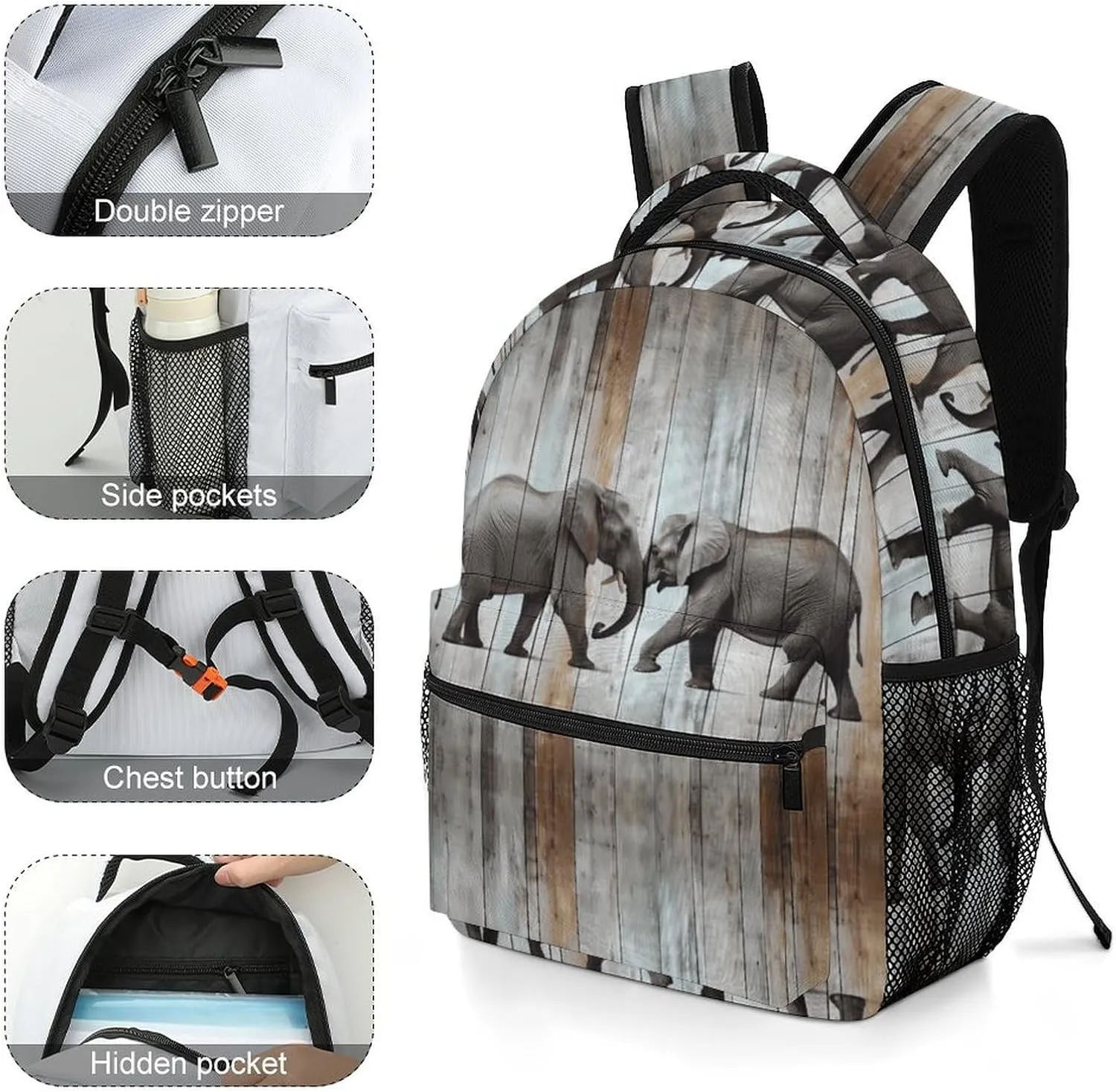 Small Backpacks Personalized Elephant on Wood Printing Travel Bag Lightweight Travel Backpack For Women Men