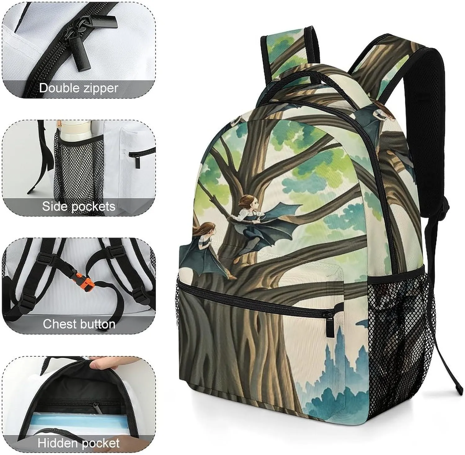 Small Backpacks Personalized Fairy on The Bat Printing Travel Bag Lightweight Travel Backpack For Women Men