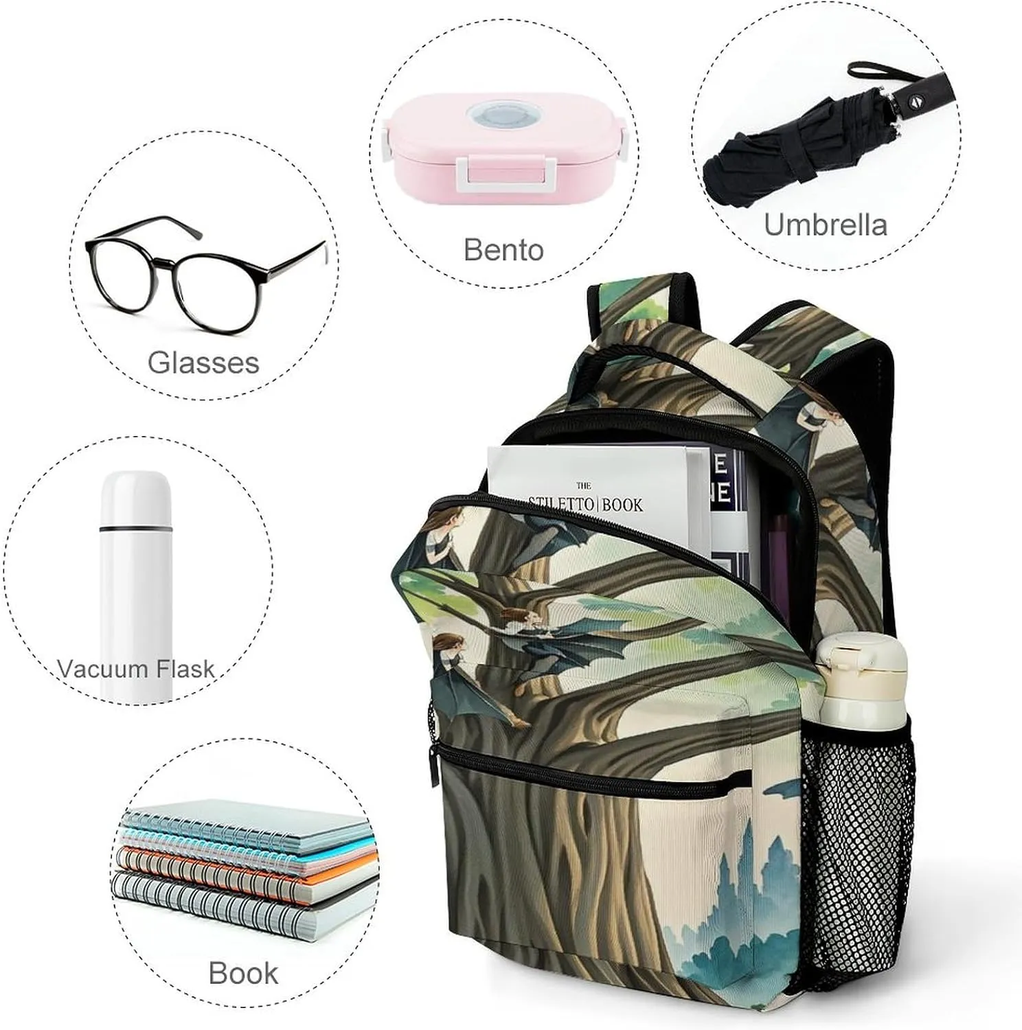 Small Backpacks Personalized Fairy on The Bat Printing Travel Bag Lightweight Travel Backpack For Women Men