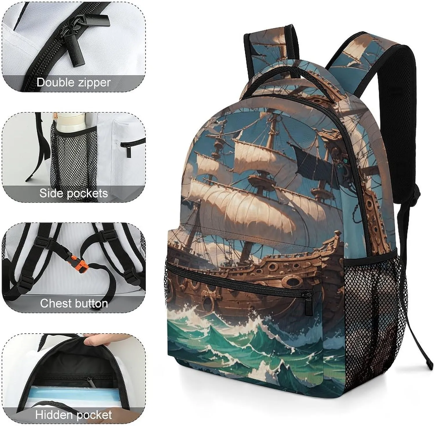 Small Backpacks Personalized Fantasy Pirate Ship Printing Travel Bag Lightweight Travel Backpack For Women Men