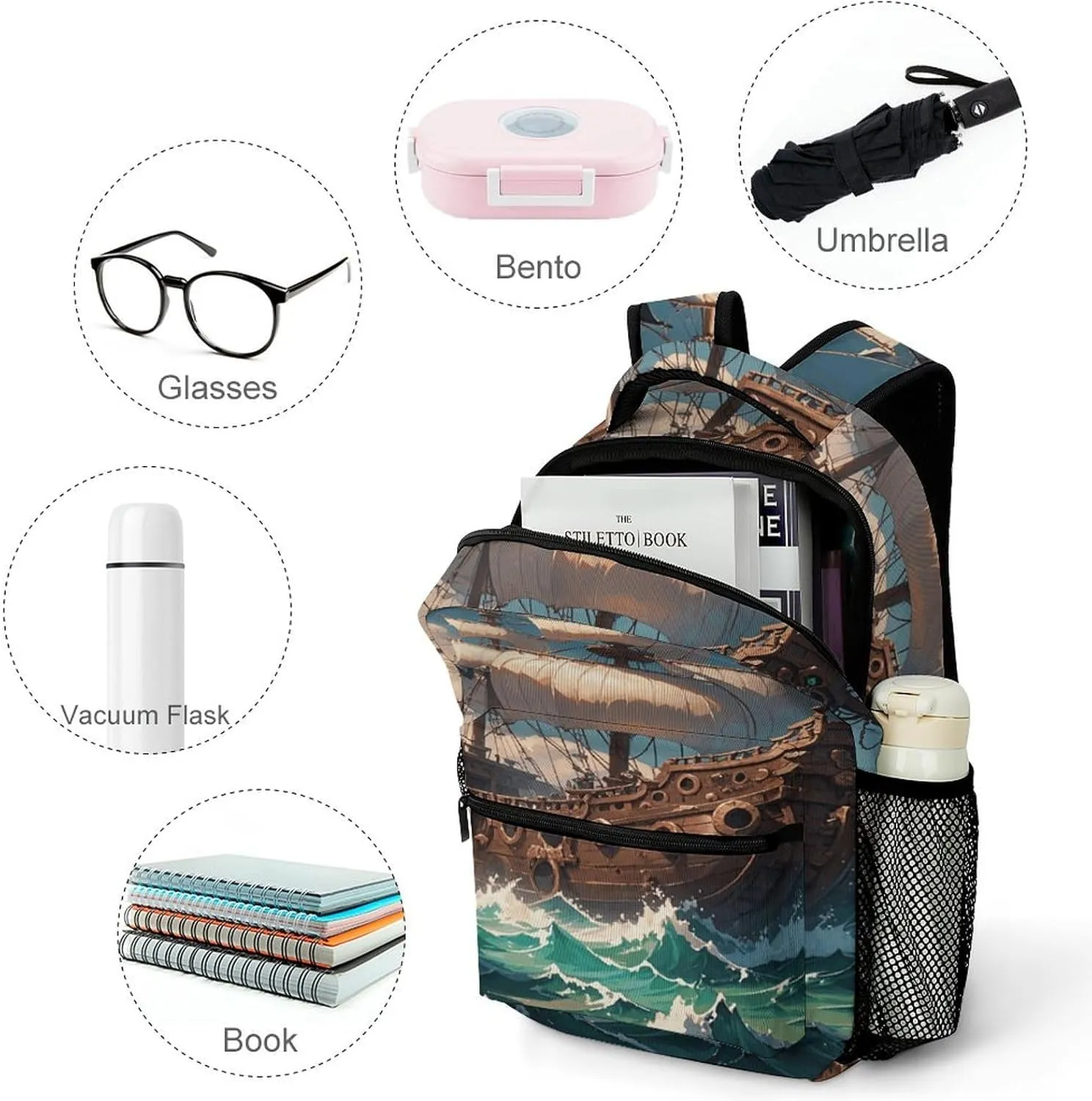 Small Backpacks Personalized Fantasy Pirate Ship Printing Travel Bag Lightweight Travel Backpack For Women Men