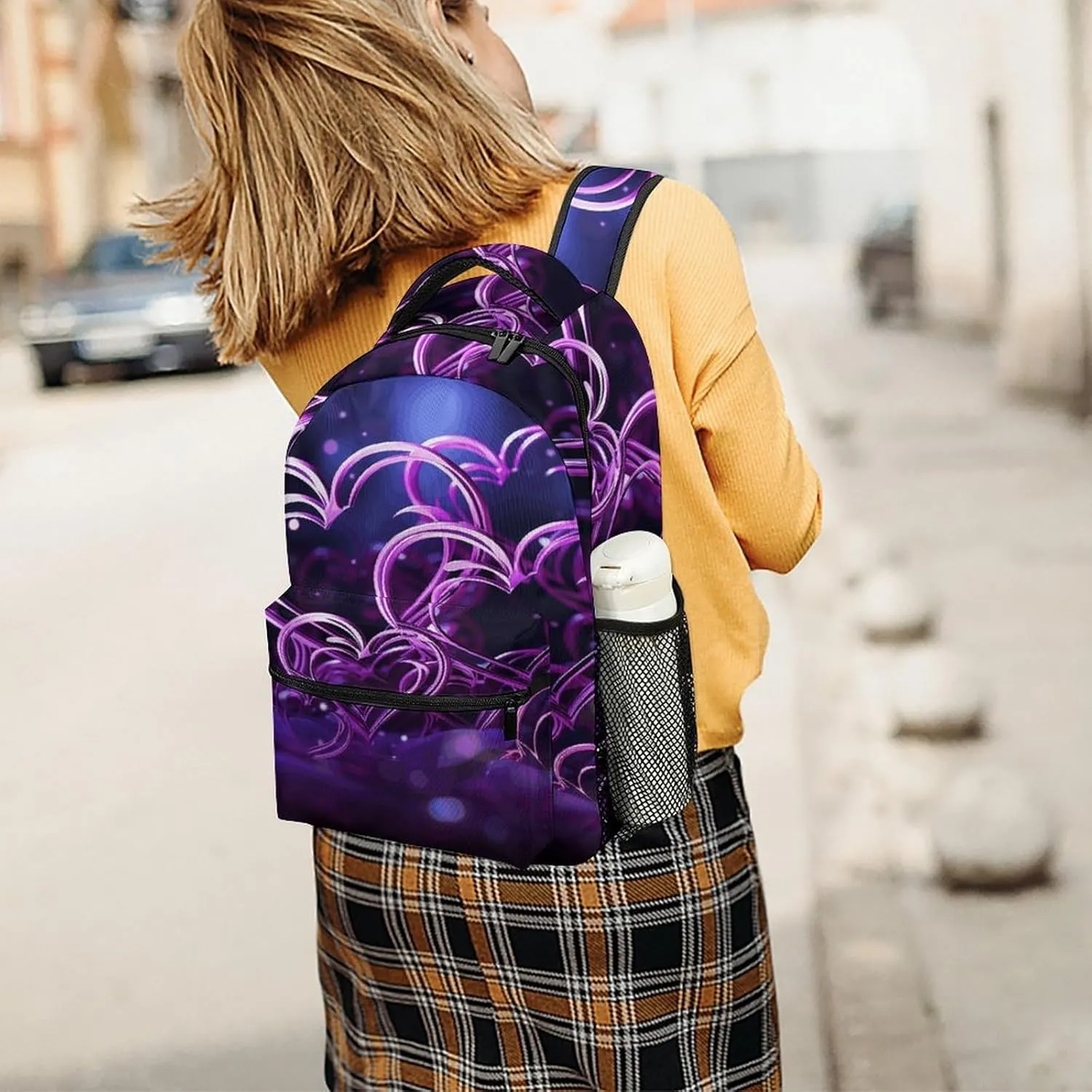 Small Backpacks Personalized Fashional Purple Hearts Printing Travel Bag Lightweight Travel Backpack For Women Men