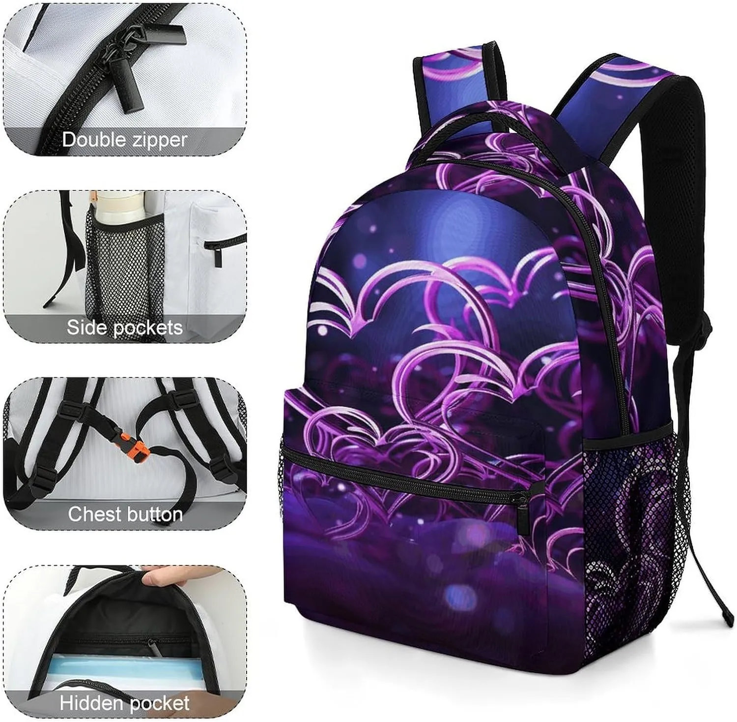 Small Backpacks Personalized Fashional Purple Hearts Printing Travel Bag Lightweight Travel Backpack For Women Men