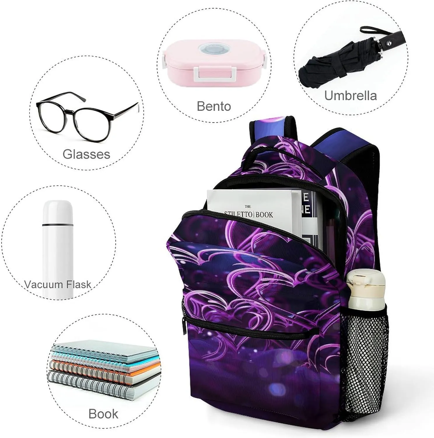 Small Backpacks Personalized Fashional Purple Hearts Printing Travel Bag Lightweight Travel Backpack For Women Men