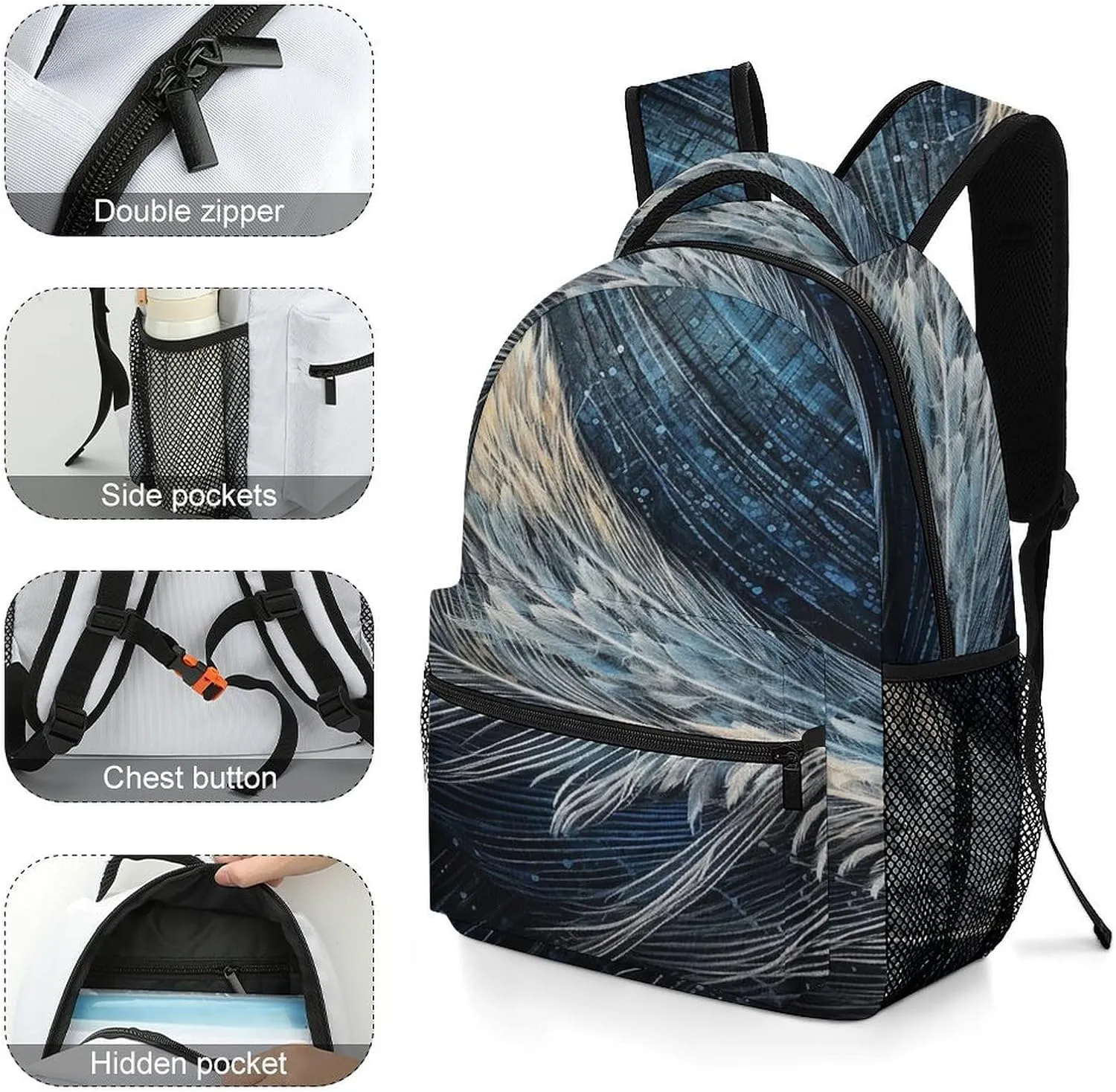 Small Backpacks Personalized Feather Shape Printing Travel Bag Lightweight Travel Backpack For Women Men