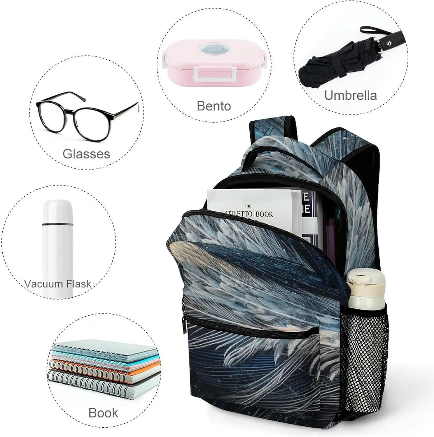 Small Backpacks Personalized Feather Shape Printing Travel Bag Lightweight Travel Backpack For Women Men