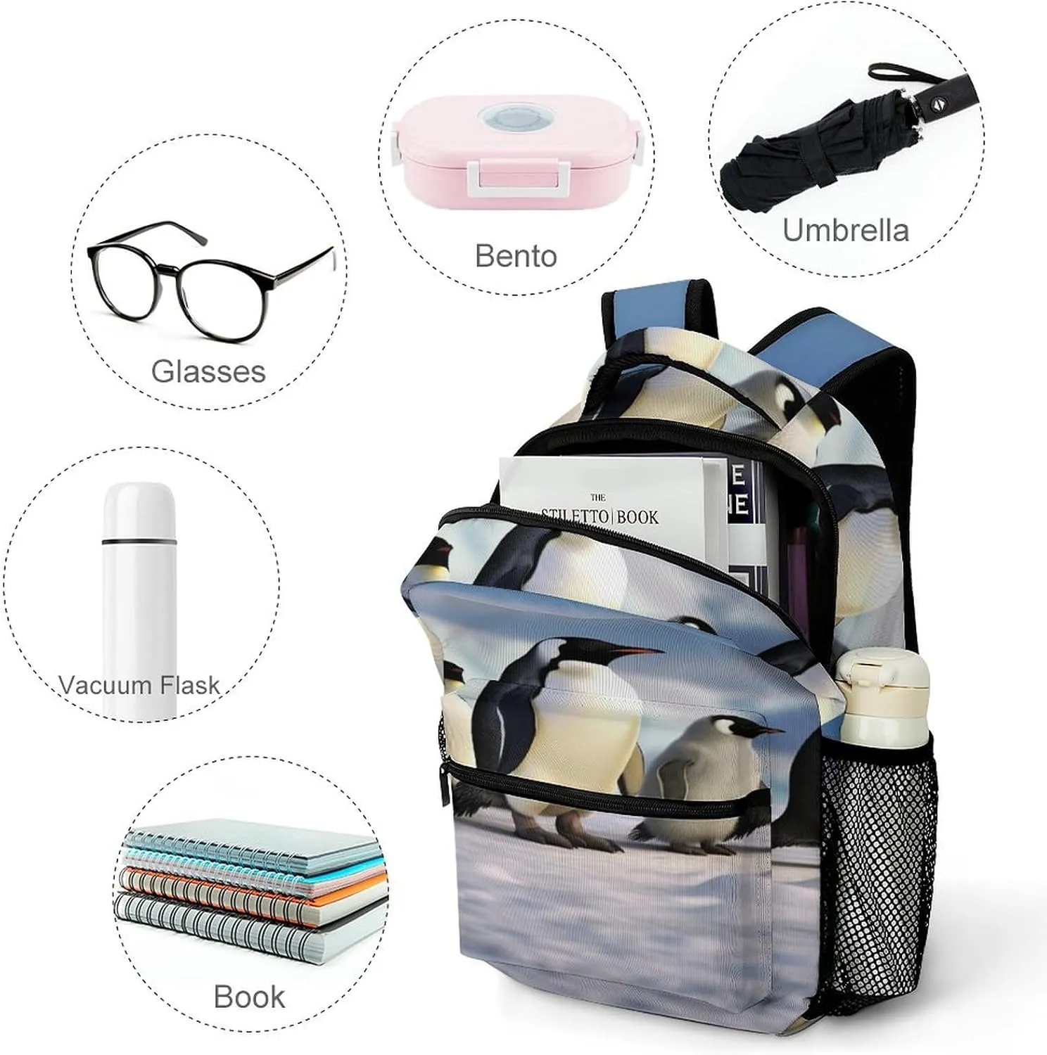 Small Backpacks Personalized Five Penguins Printing Travel Bag Lightweight Travel Backpack For Women Men