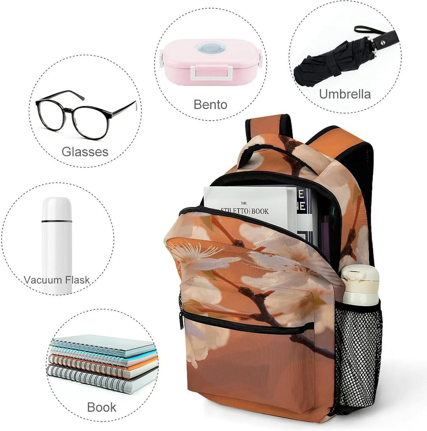 Small Backpacks Personalized Flowers Under Orange Light Printing Travel Bag Lightweight Travel Backpack For Women Men