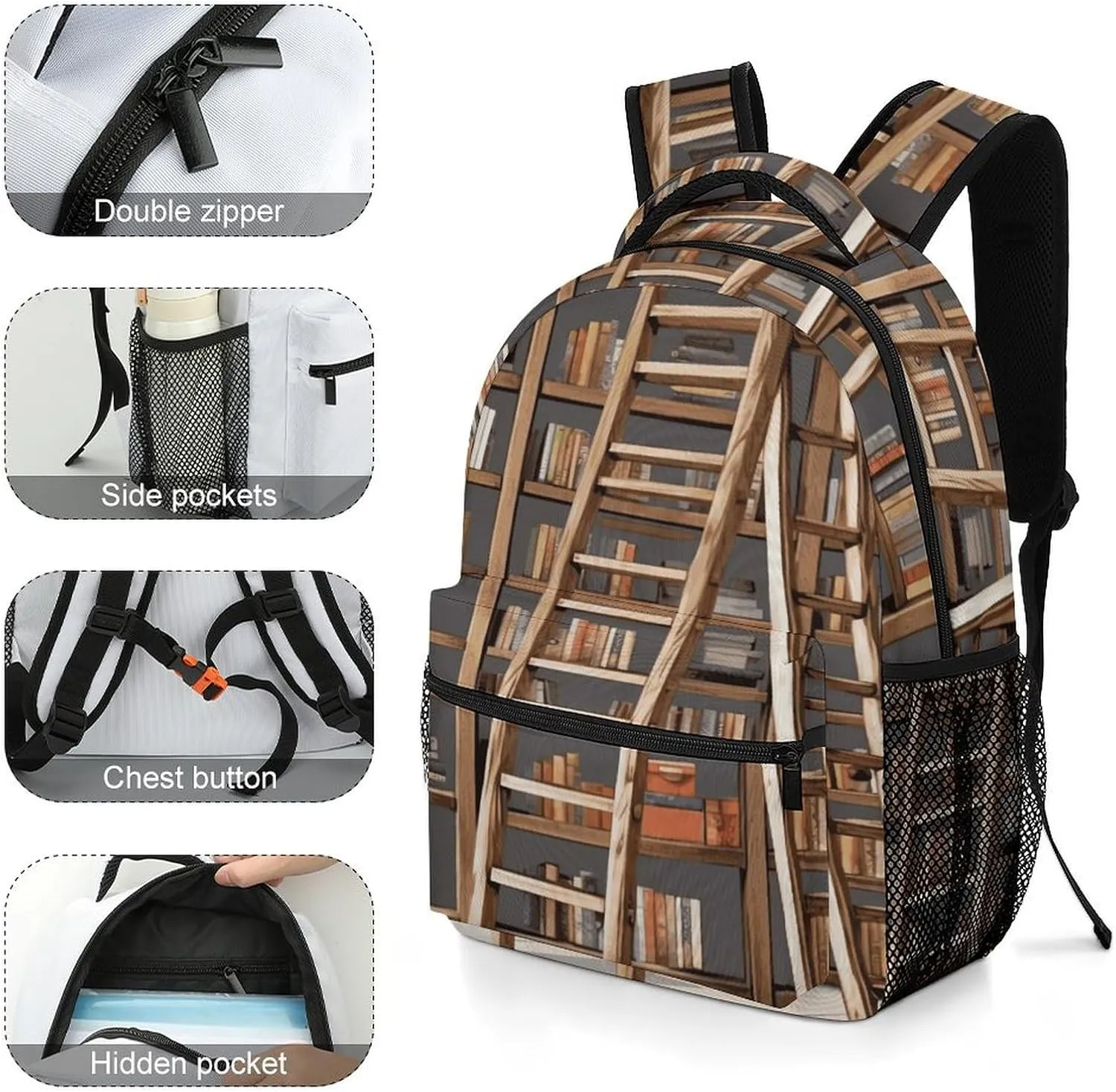 Small Backpacks Personalized Funny Book Shelves Printing Travel Bag Lightweight Travel Backpack For Women Men