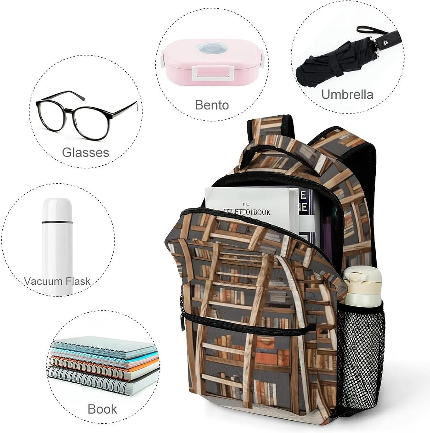 Small Backpacks Personalized Funny Book Shelves Printing Travel Bag Lightweight Travel Backpack For Women Men