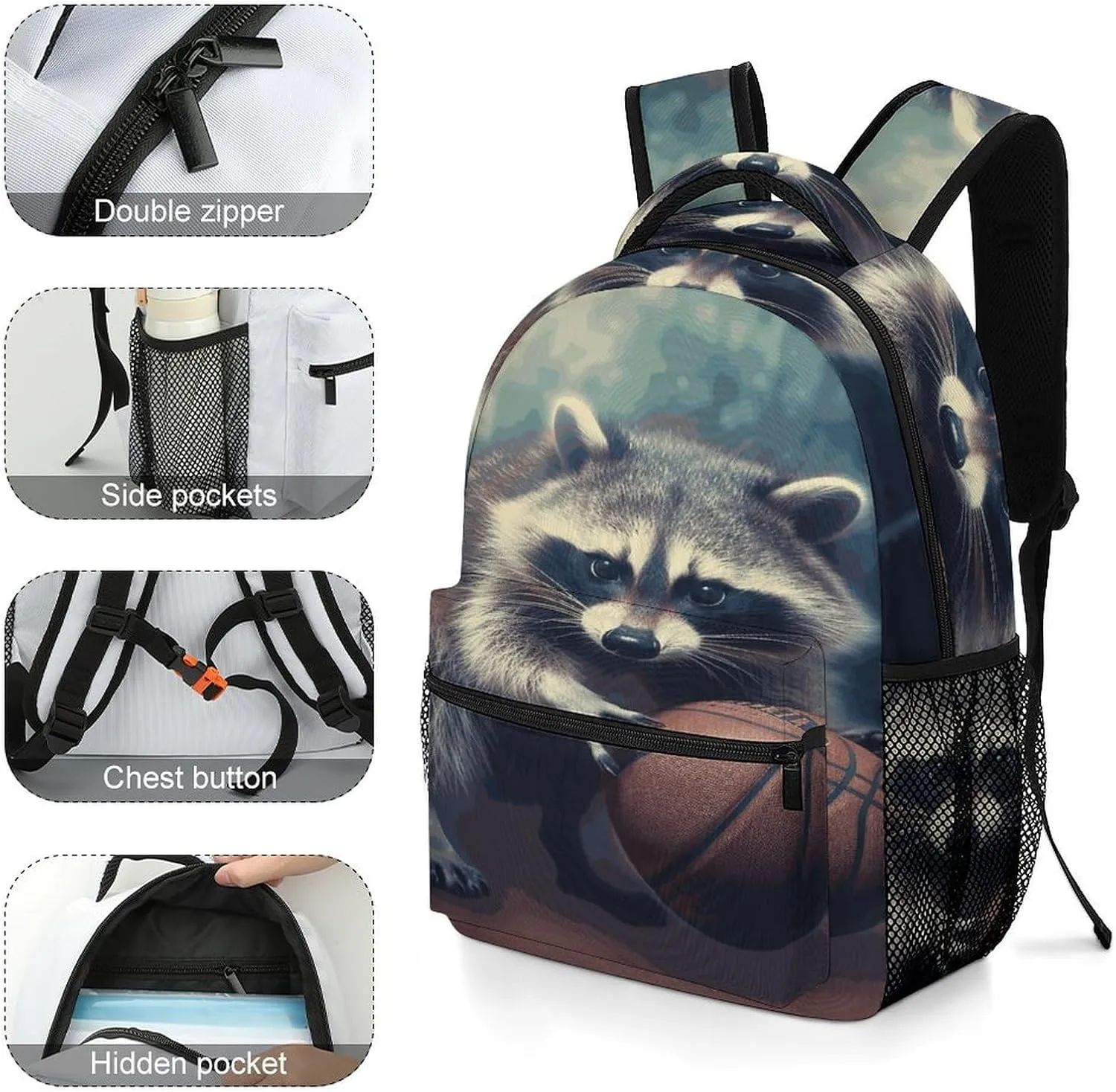 Small Backpacks Personalized Funny Raccoon Basketball Printing Travel Bag Lightweight Travel Backpack For Women Men