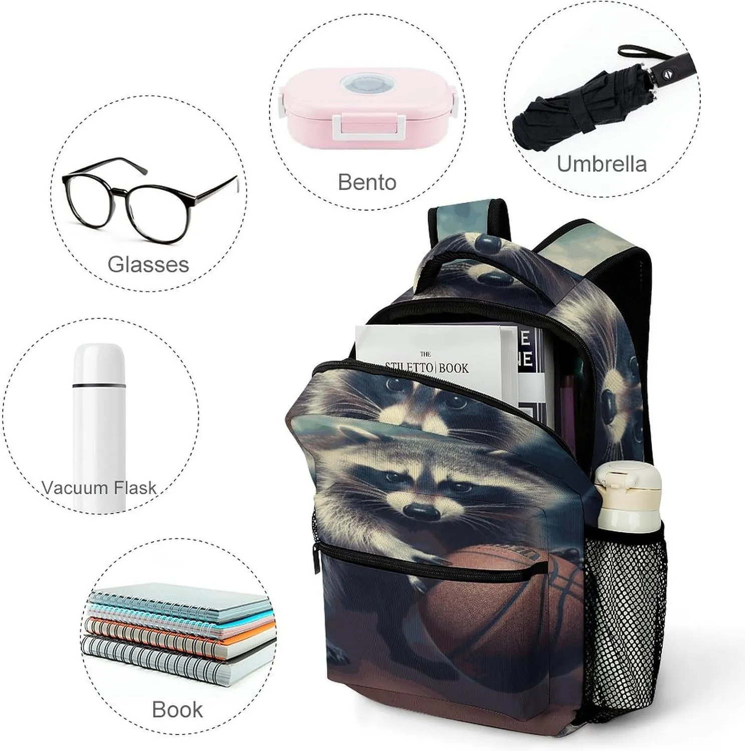 Small Backpacks Personalized Funny Raccoon Basketball Printing Travel Bag Lightweight Travel Backpack For Women Men