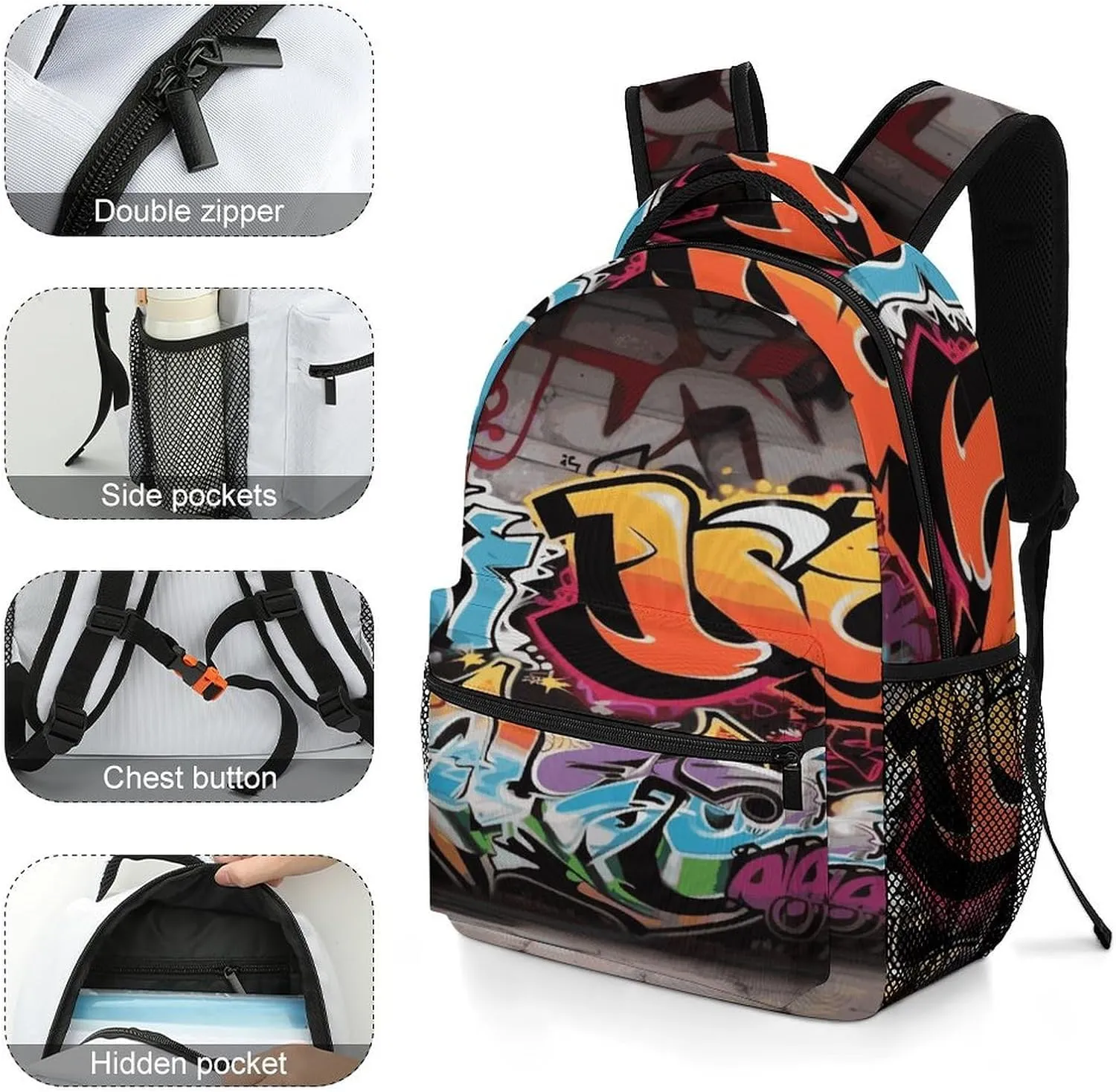Small Backpacks Personalized Graffiti Hip Hop Printing Travel Bag Lightweight Travel Backpack For Women Men