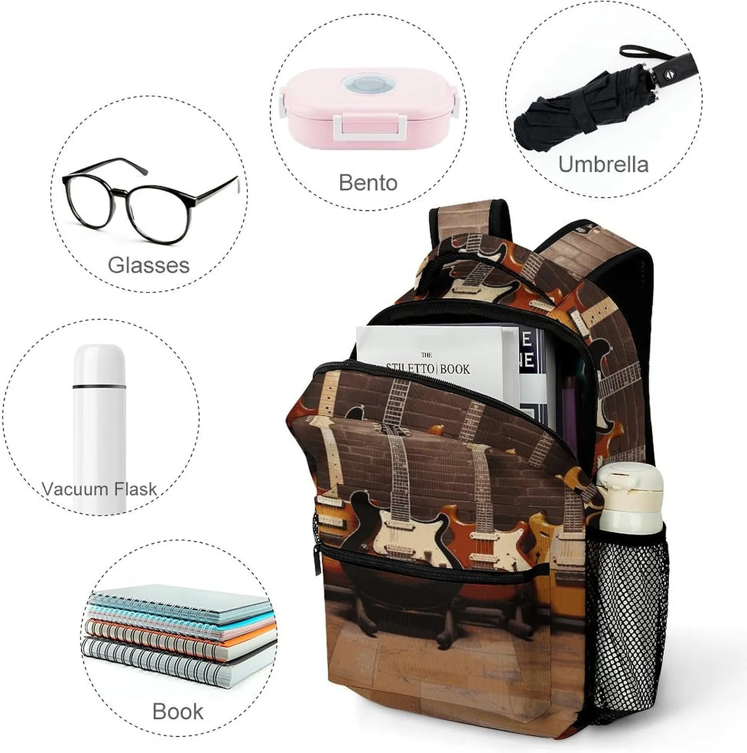Small Backpacks Personalized Guitar Collection Printing Travel Bag Lightweight Travel Backpack For Women Men