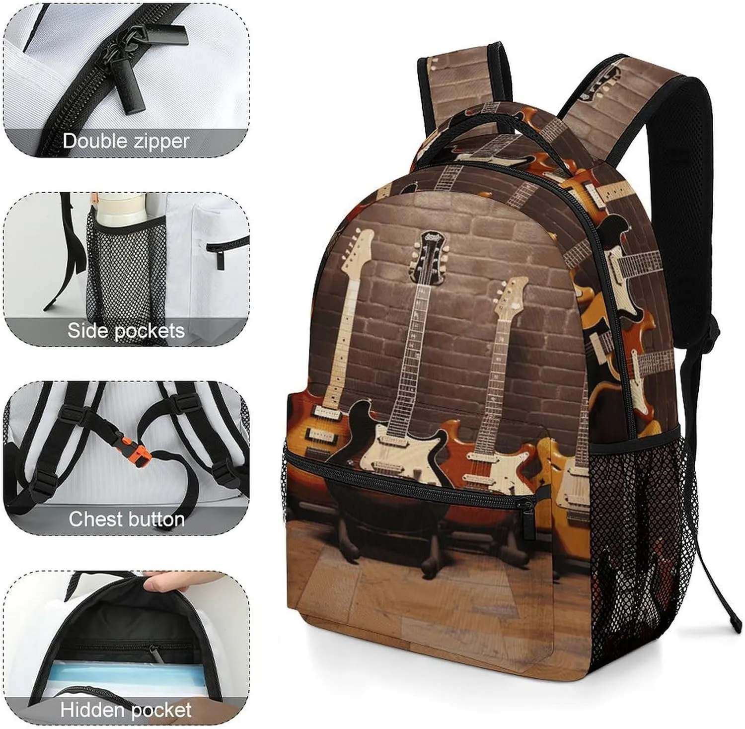 Small Backpacks Personalized Guitar Collection Printing Travel Bag Lightweight Travel Backpack For Women Men