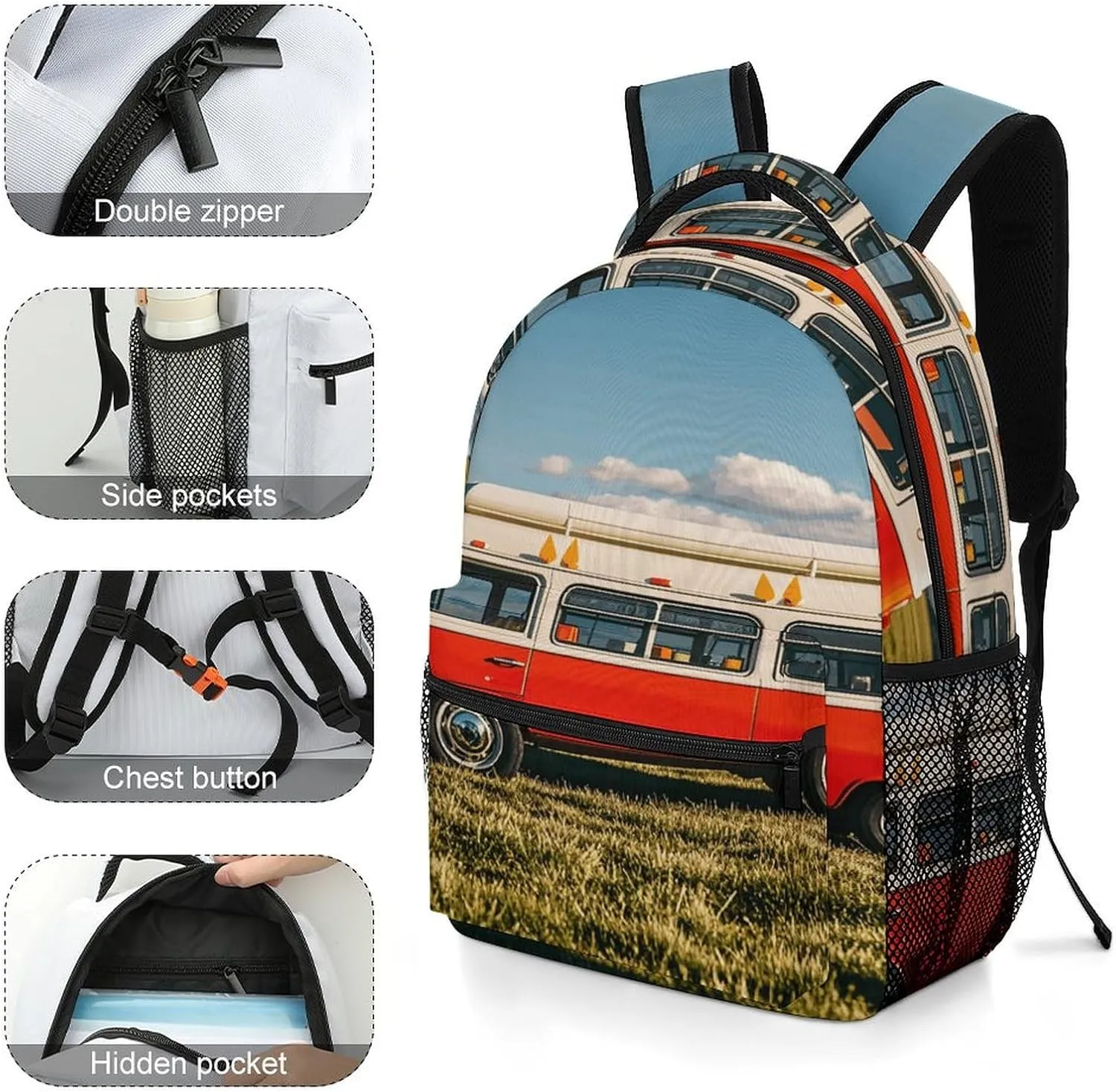 Small Backpacks Personalized Happy Bus Printing Travel Bag Lightweight Travel Backpack For Women Men