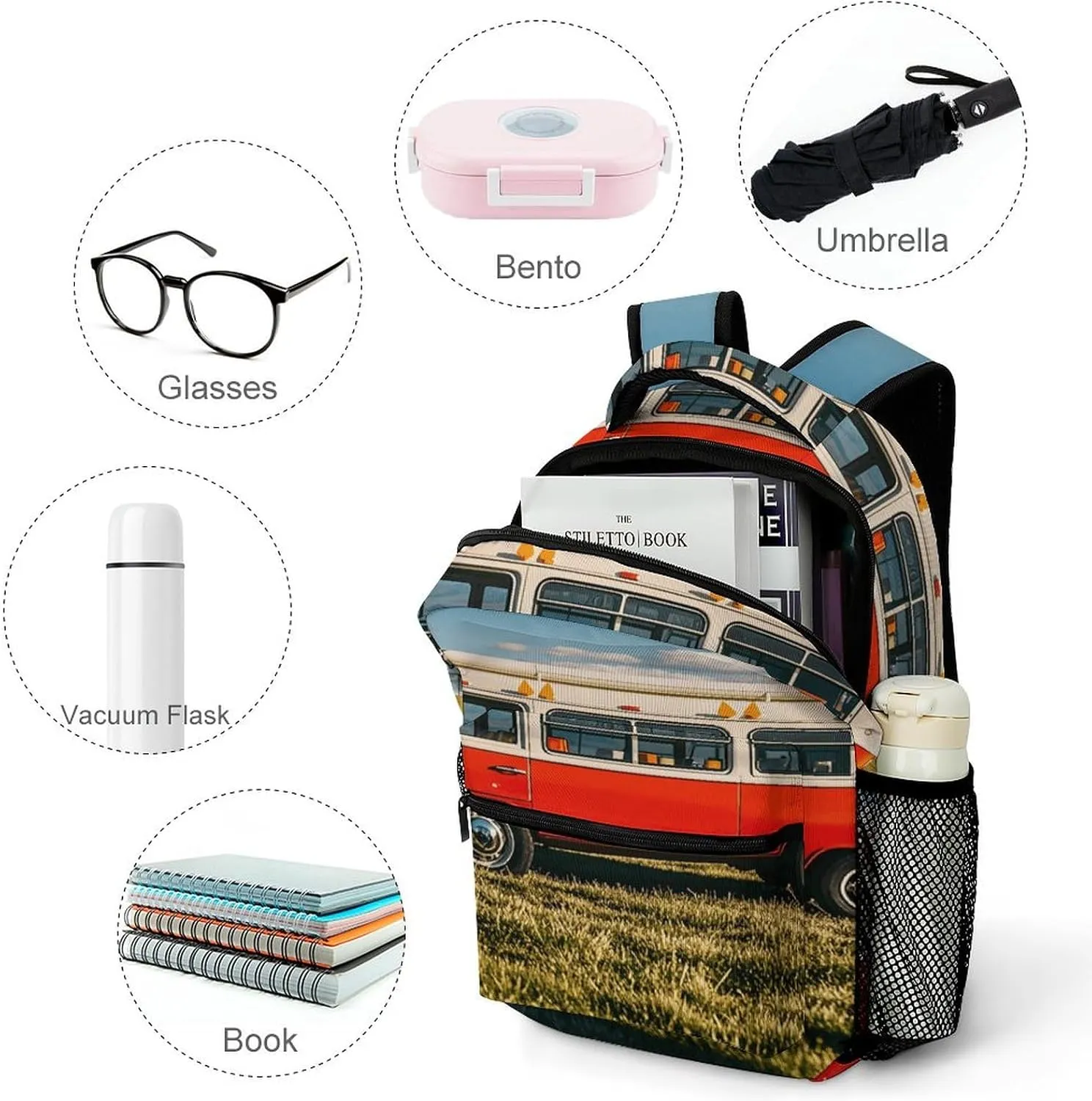 Small Backpacks Personalized Happy Bus Printing Travel Bag Lightweight Travel Backpack For Women Men