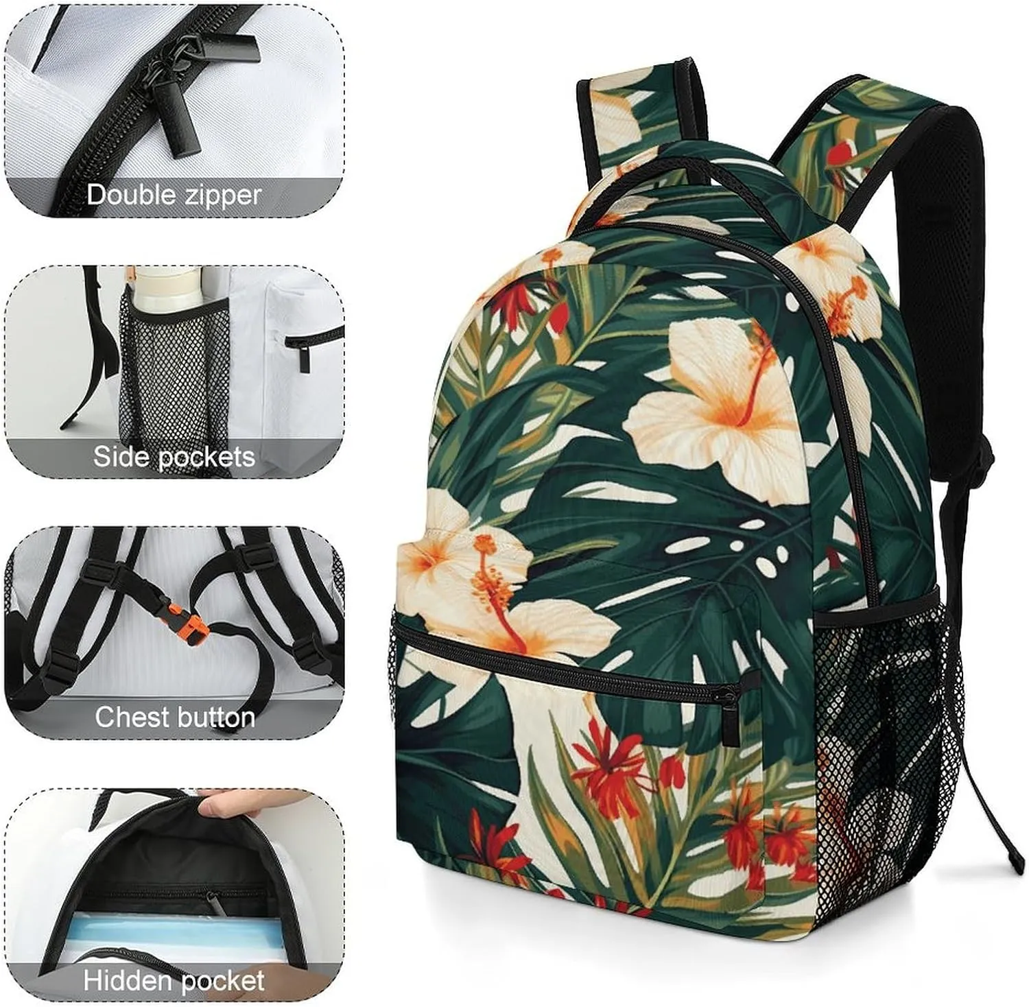 Small Backpacks Personalized Hawaiian Flower Leaves Printing Travel Bag Lightweight Travel Backpack For Women Men