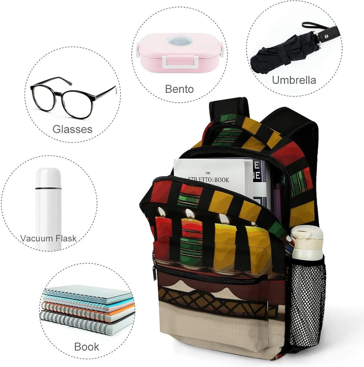Small Backpacks Personalized Kwanzaa Candles Printing Travel Bag Lightweight Travel Backpack For Women Men