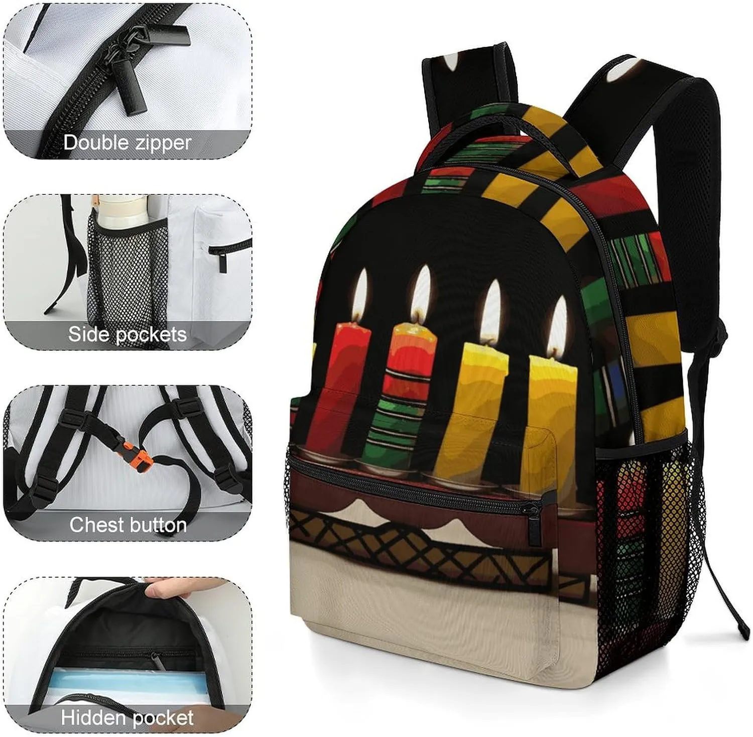 Small Backpacks Personalized Kwanzaa Candles Printing Travel Bag Lightweight Travel Backpack For Women Men