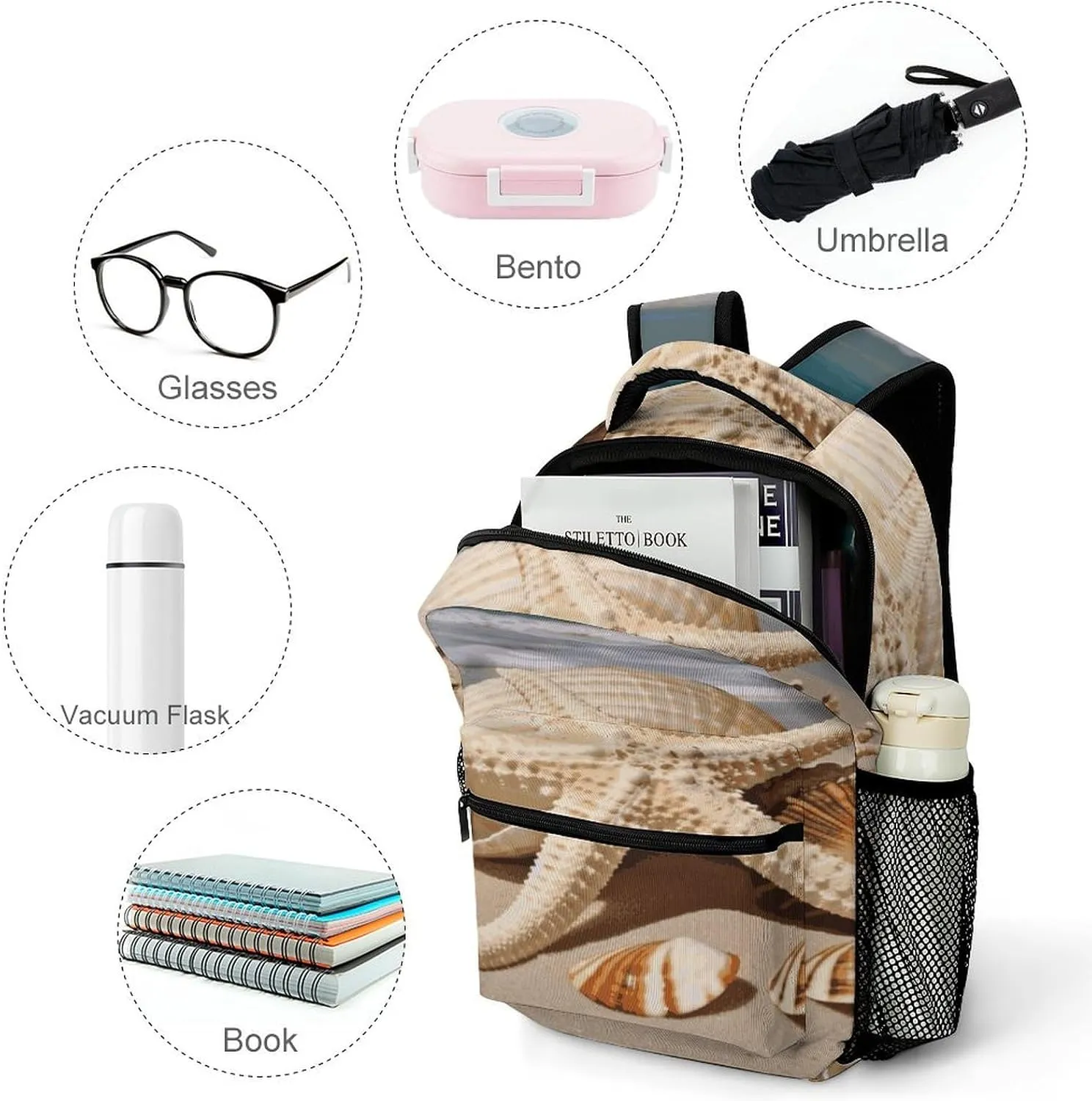 Small Backpacks Personalized Large Seashell Starfish Printing Travel Bag Lightweight Travel Backpack For Women Men