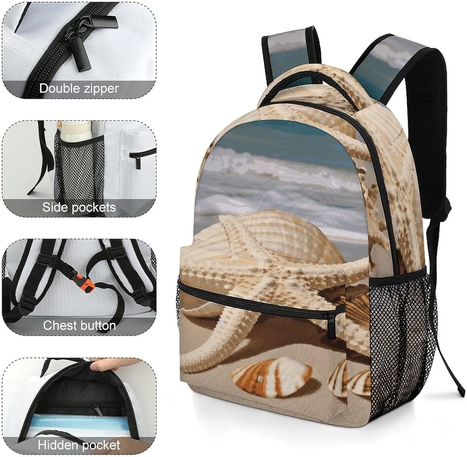 Small Backpacks Personalized Large Seashell Starfish Printing Travel Bag Lightweight Travel Backpack For Women Men