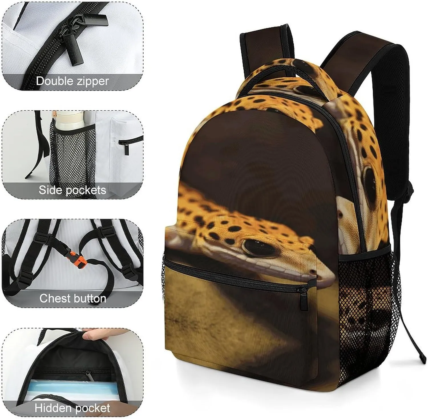 Small Backpacks Personalized Leopard Little Gecko Printing Travel Bag Lightweight Travel Backpack For Women Men
