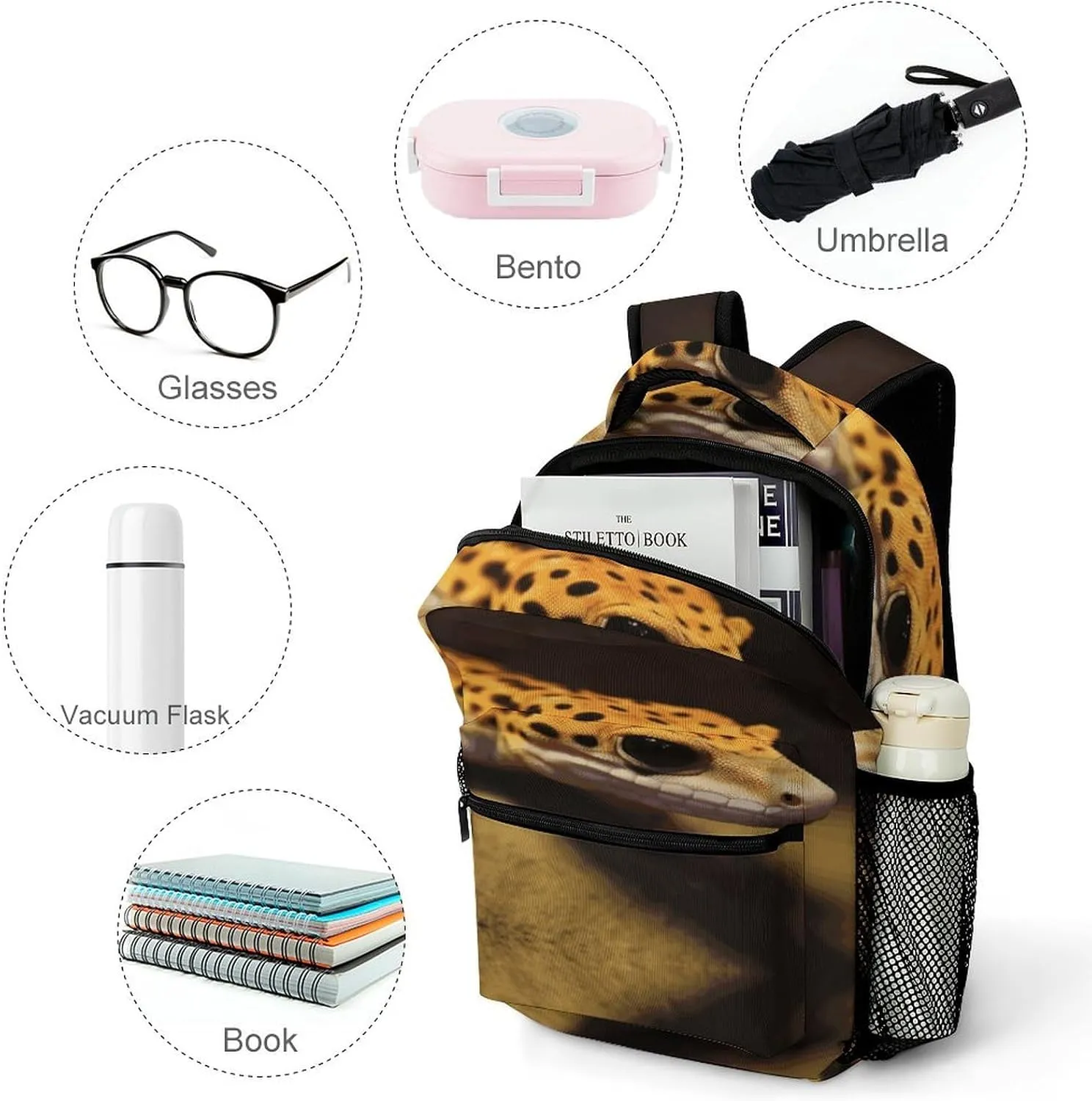 Small Backpacks Personalized Leopard Little Gecko Printing Travel Bag Lightweight Travel Backpack For Women Men