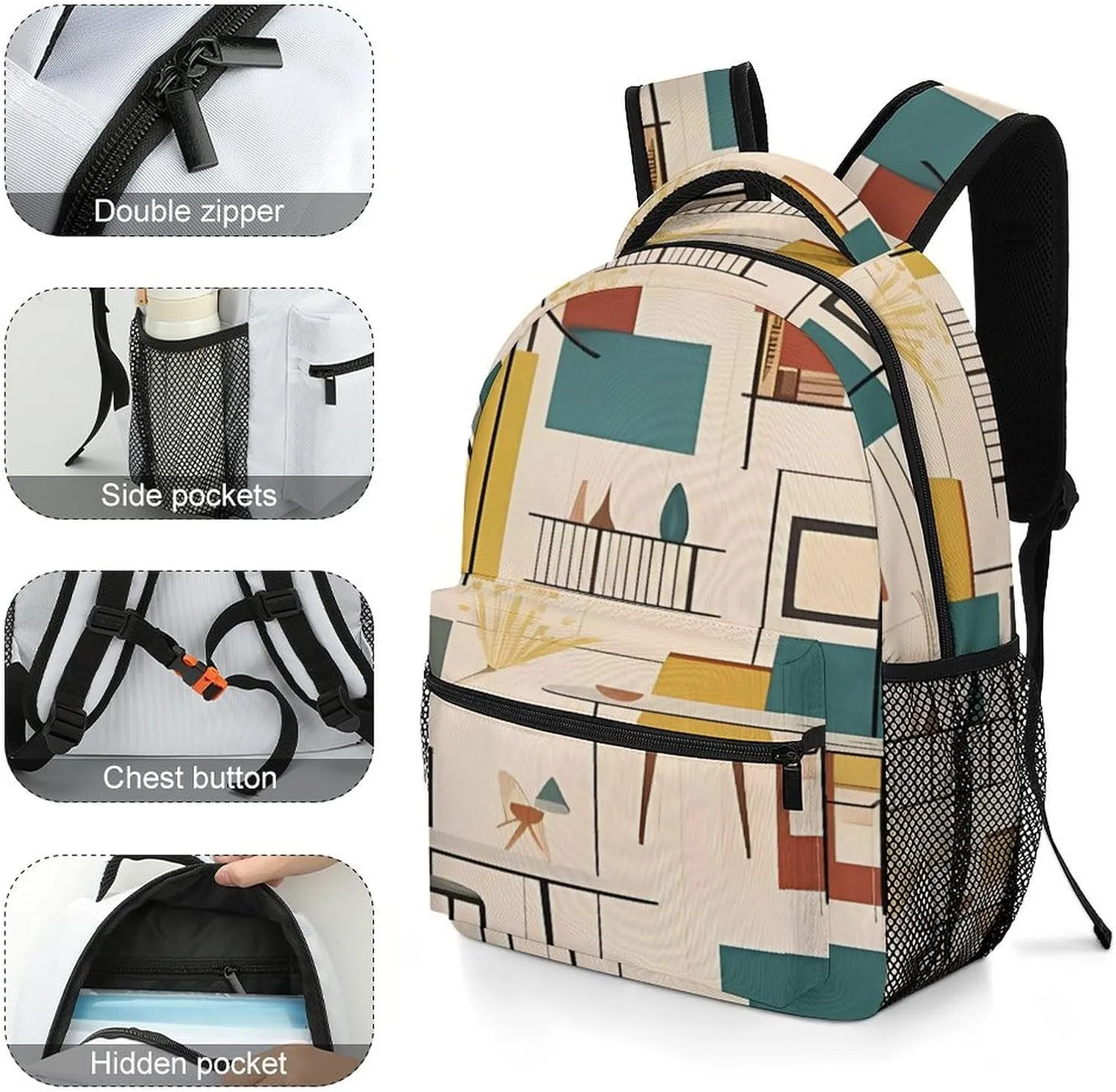 Small Backpacks Personalized Mid Century Modern Printing Travel Bag Lightweight Travel Backpack For Women Men