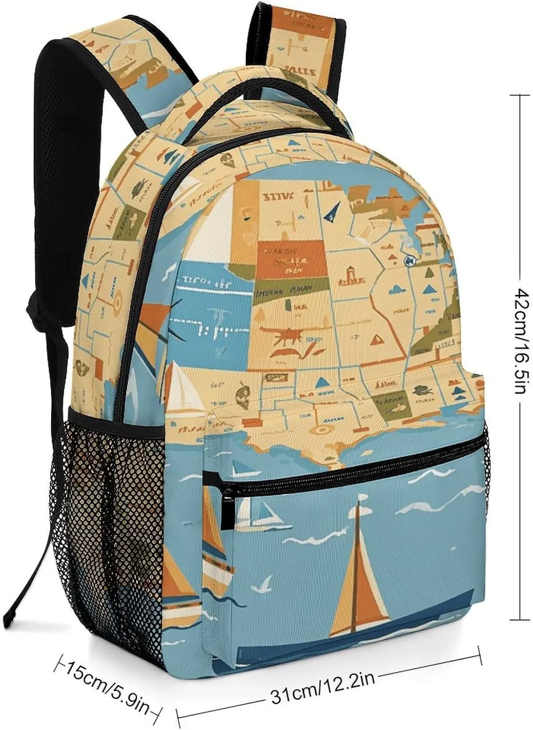 Small Backpacks Personalized Nautical Sailboat Map Printing Travel Bag Lightweight Travel Backpack For Women Men