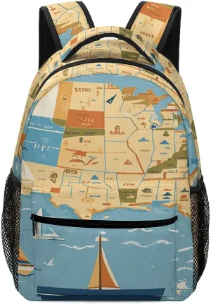 Small Backpacks Personalized Nautical Sailboat Map Printing Travel Bag Lightweight Travel Backpack For Women Men