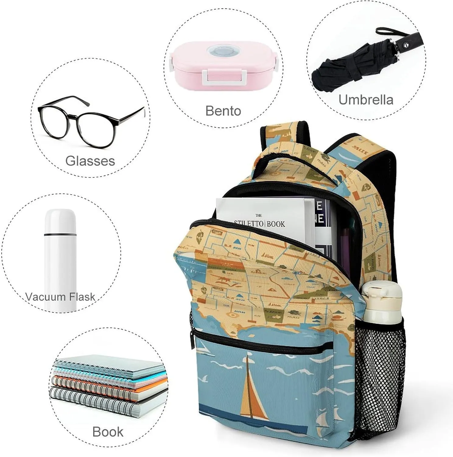 Small Backpacks Personalized Nautical Sailboat Map Printing Travel Bag Lightweight Travel Backpack For Women Men