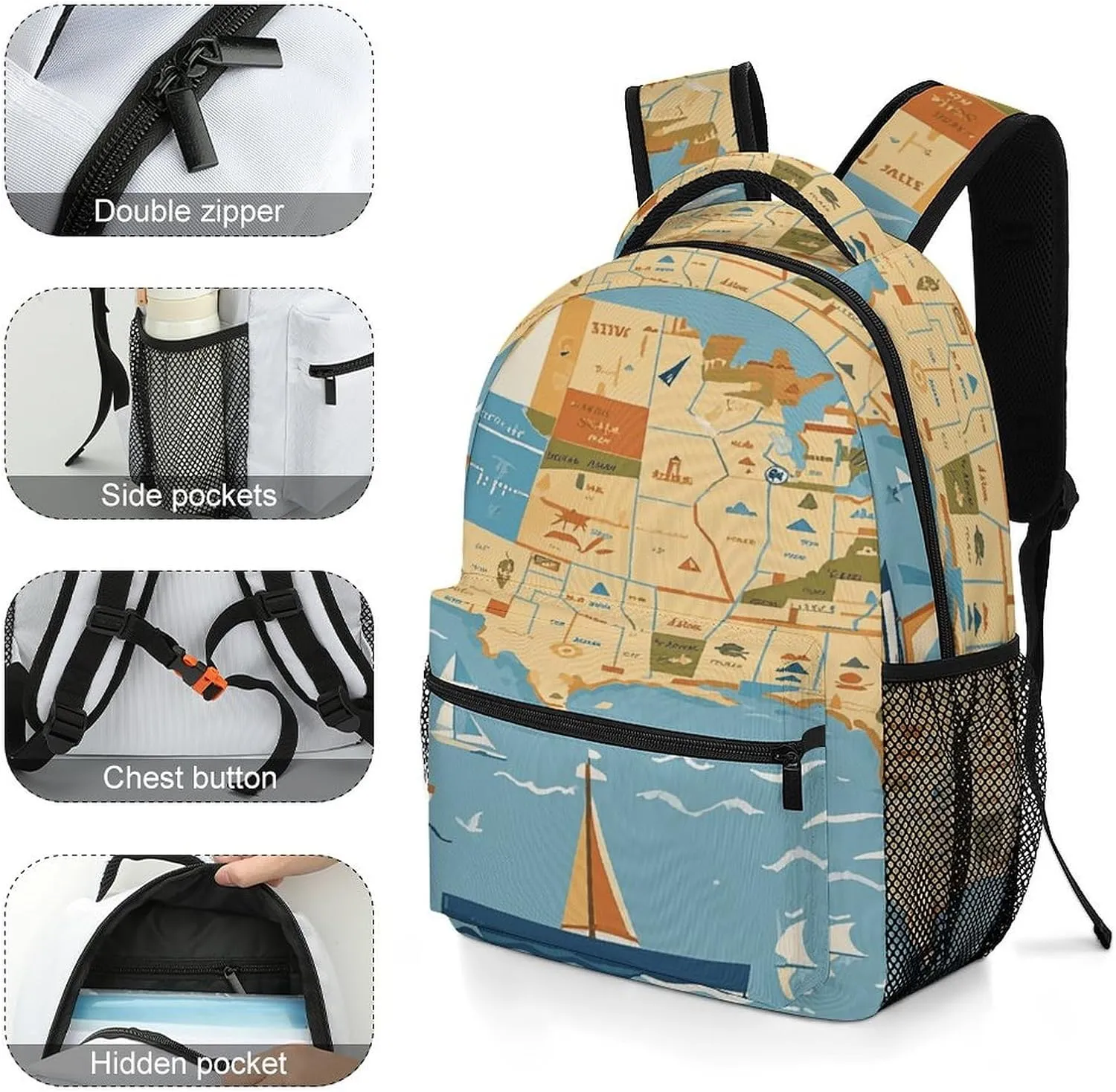 Small Backpacks Personalized Nautical Sailboat Map Printing Travel Bag Lightweight Travel Backpack For Women Men