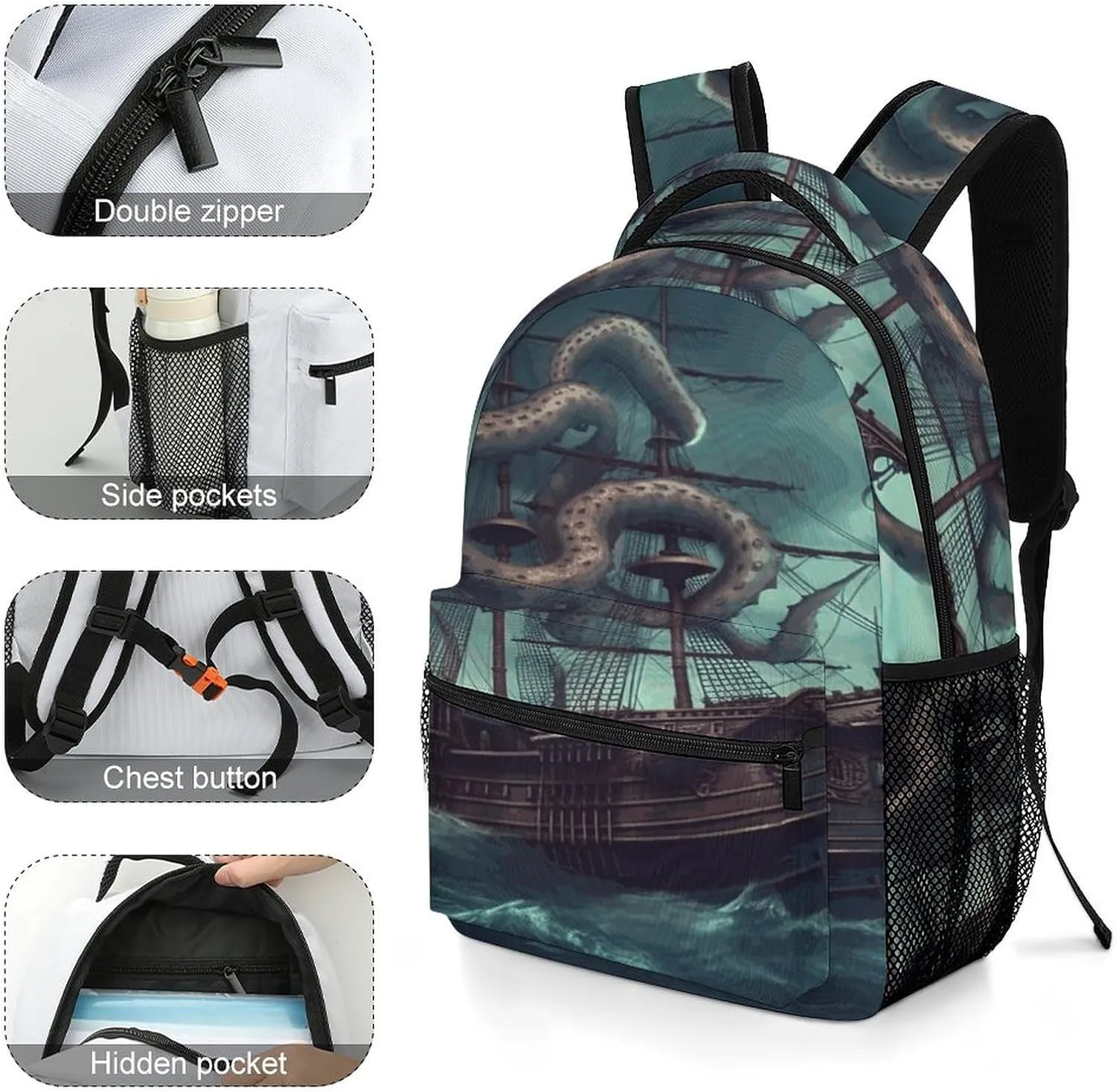 Small Backpacks Personalized Octopus Ship Printing Travel Bag Lightweight Travel Backpack For Women Men