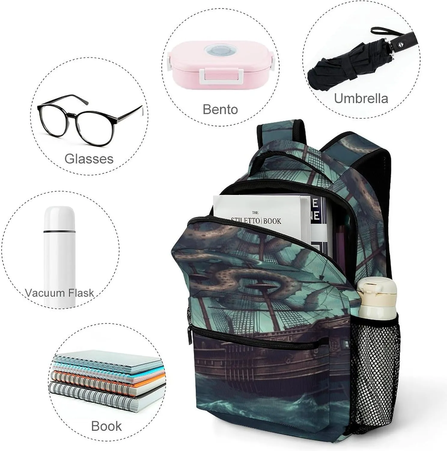 Small Backpacks Personalized Octopus Ship Printing Travel Bag Lightweight Travel Backpack For Women Men