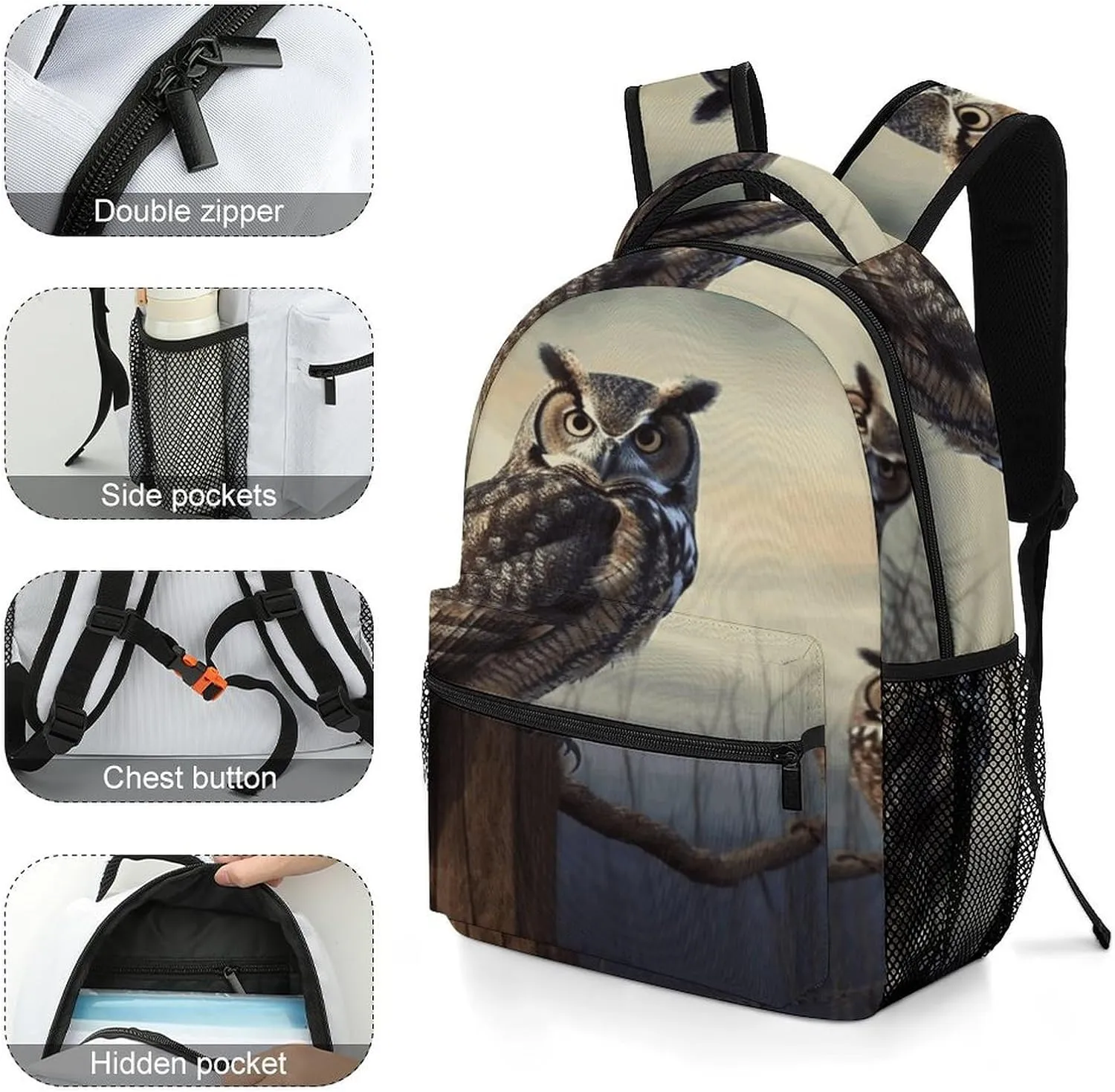 Small Backpacks Personalized Owl Sitting Tree Fence Printing Travel Bag Lightweight Travel Backpack For Women Men