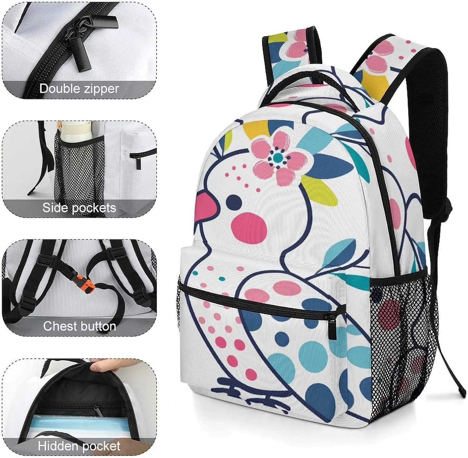 Small Backpacks Personalized Parrot And Flower Printing Travel Bag Lightweight Travel Backpack For Women Men