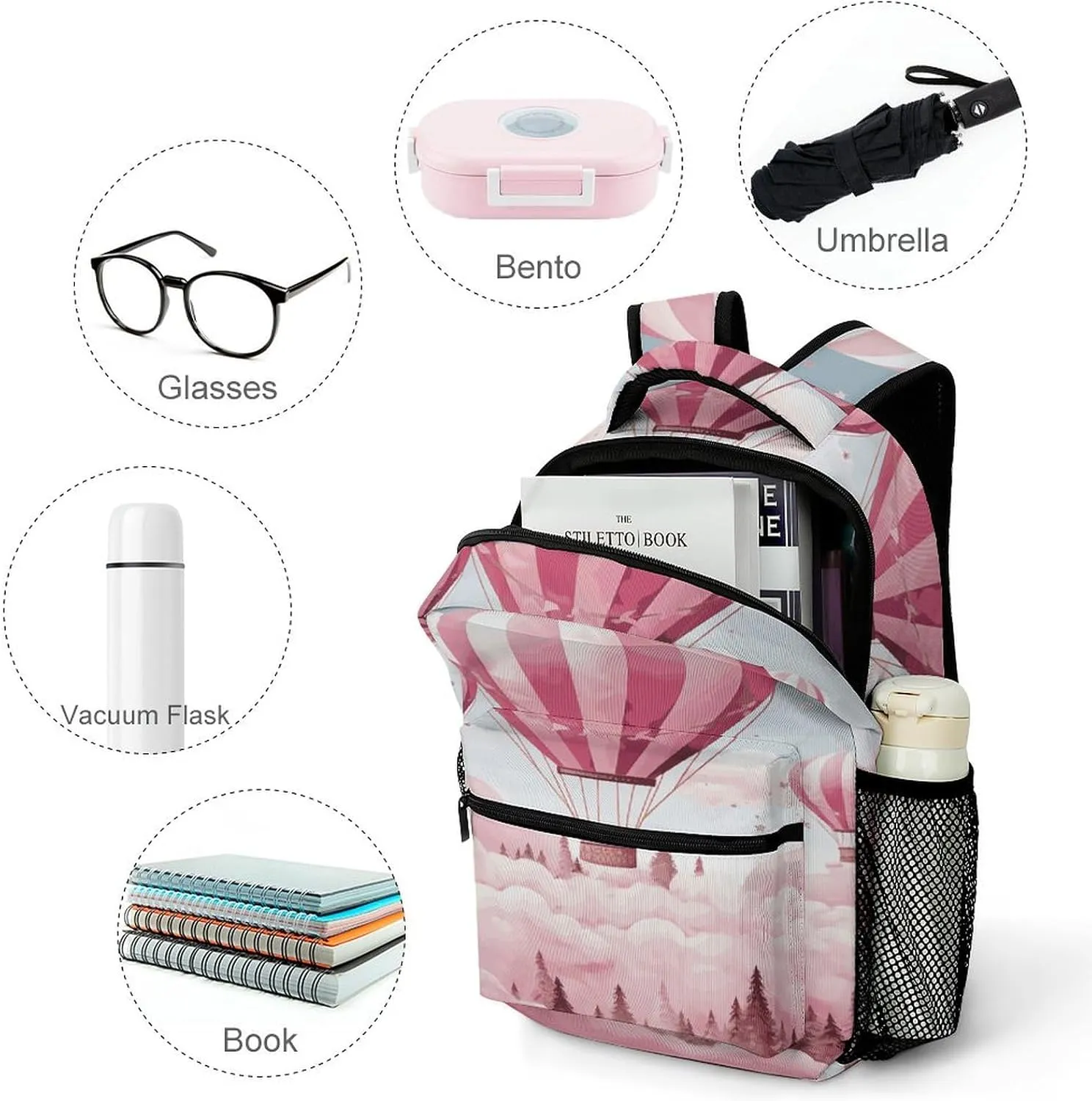 Small Backpacks Personalized Pink Hot Air Balloon Printing Travel Bag Lightweight Travel Backpack For Women Men