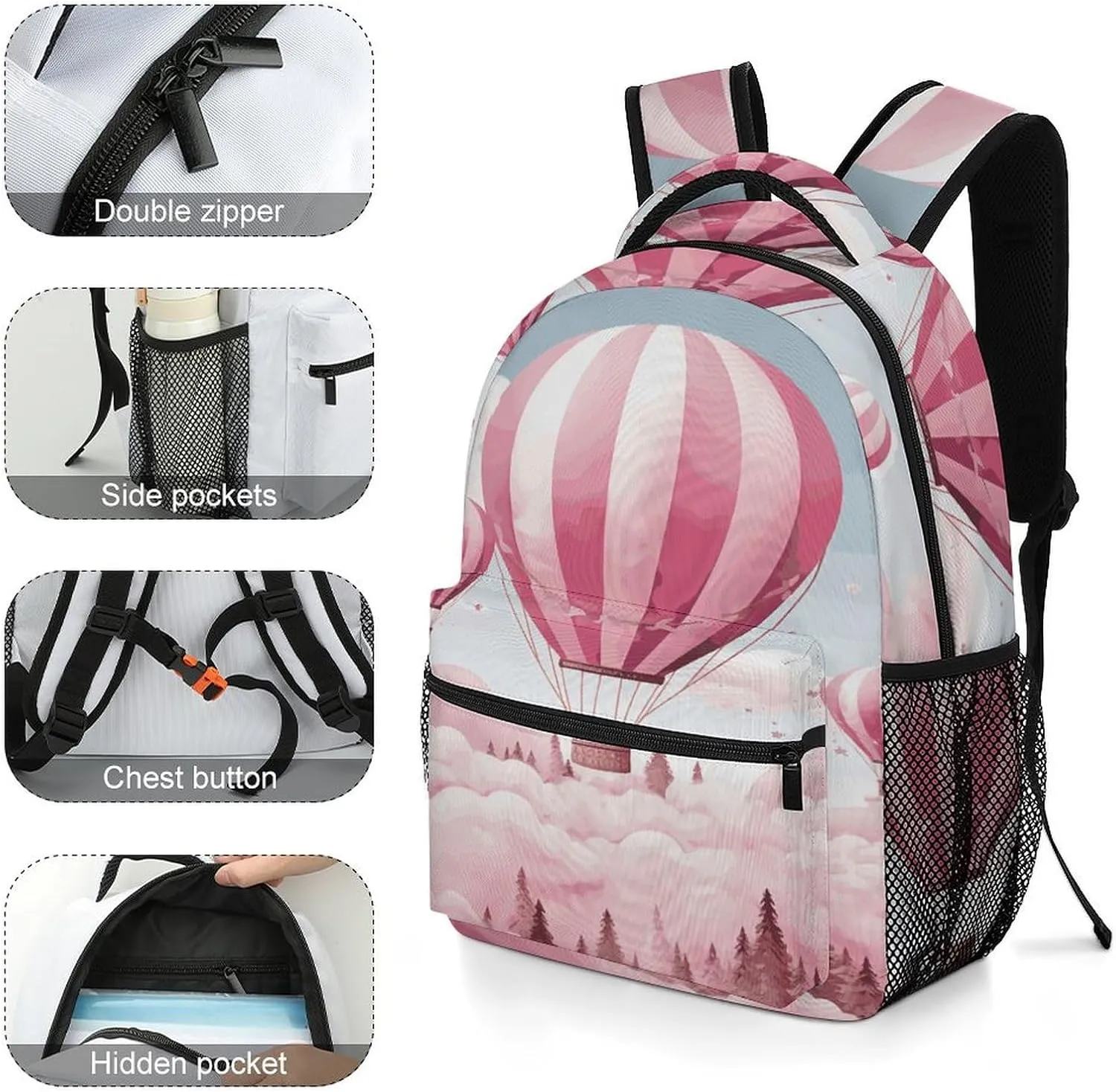 Small Backpacks Personalized Pink Hot Air Balloon Printing Travel Bag Lightweight Travel Backpack For Women Men