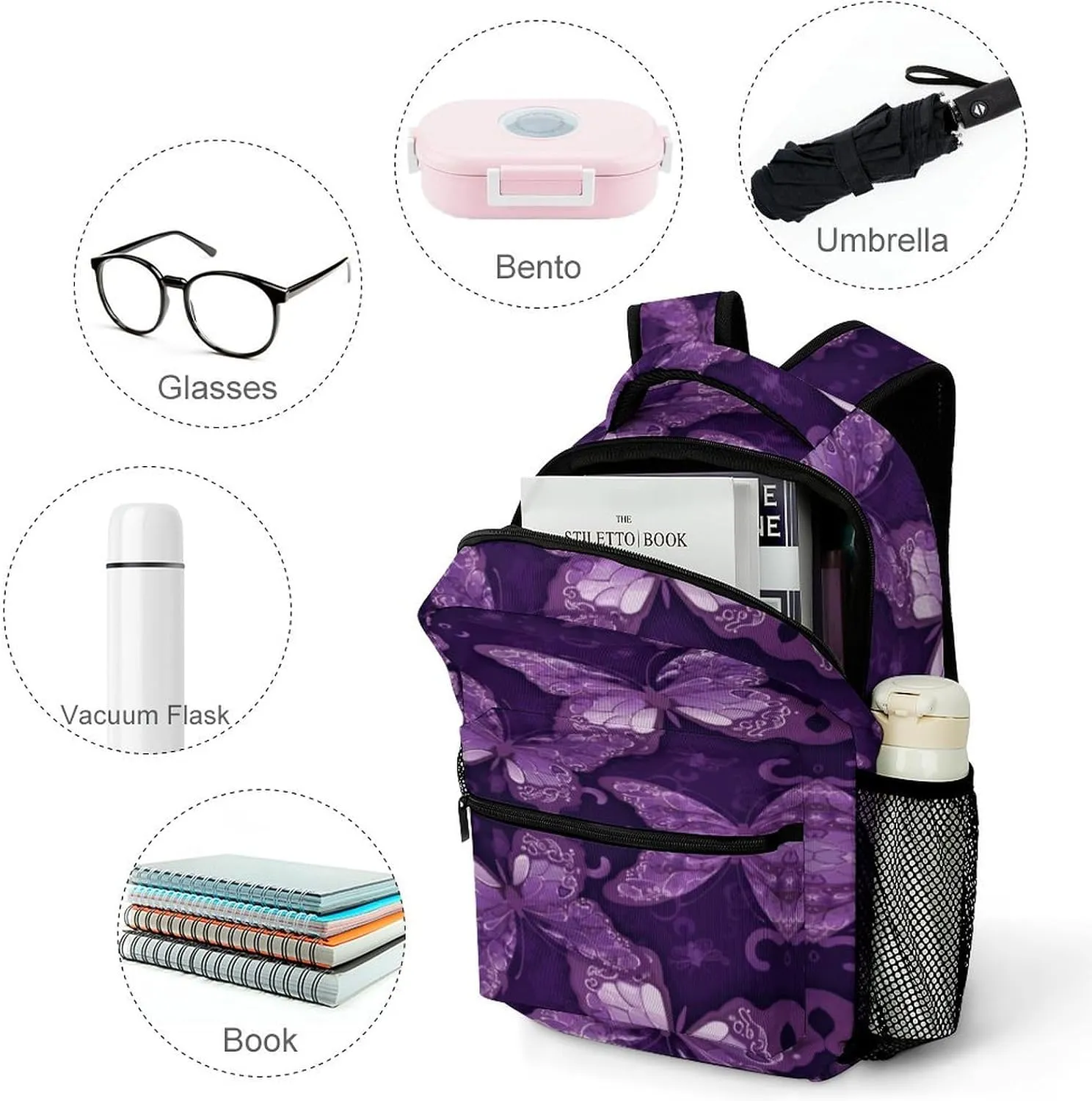 Small Backpacks Personalized Purple Butterflies Printing Travel Bag Lightweight Travel Backpack For Women Men