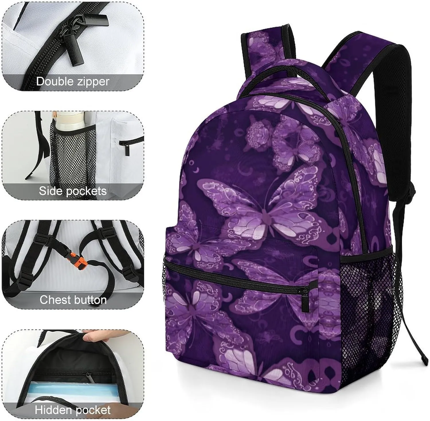 Small Backpacks Personalized Purple Butterflies Printing Travel Bag Lightweight Travel Backpack For Women Men