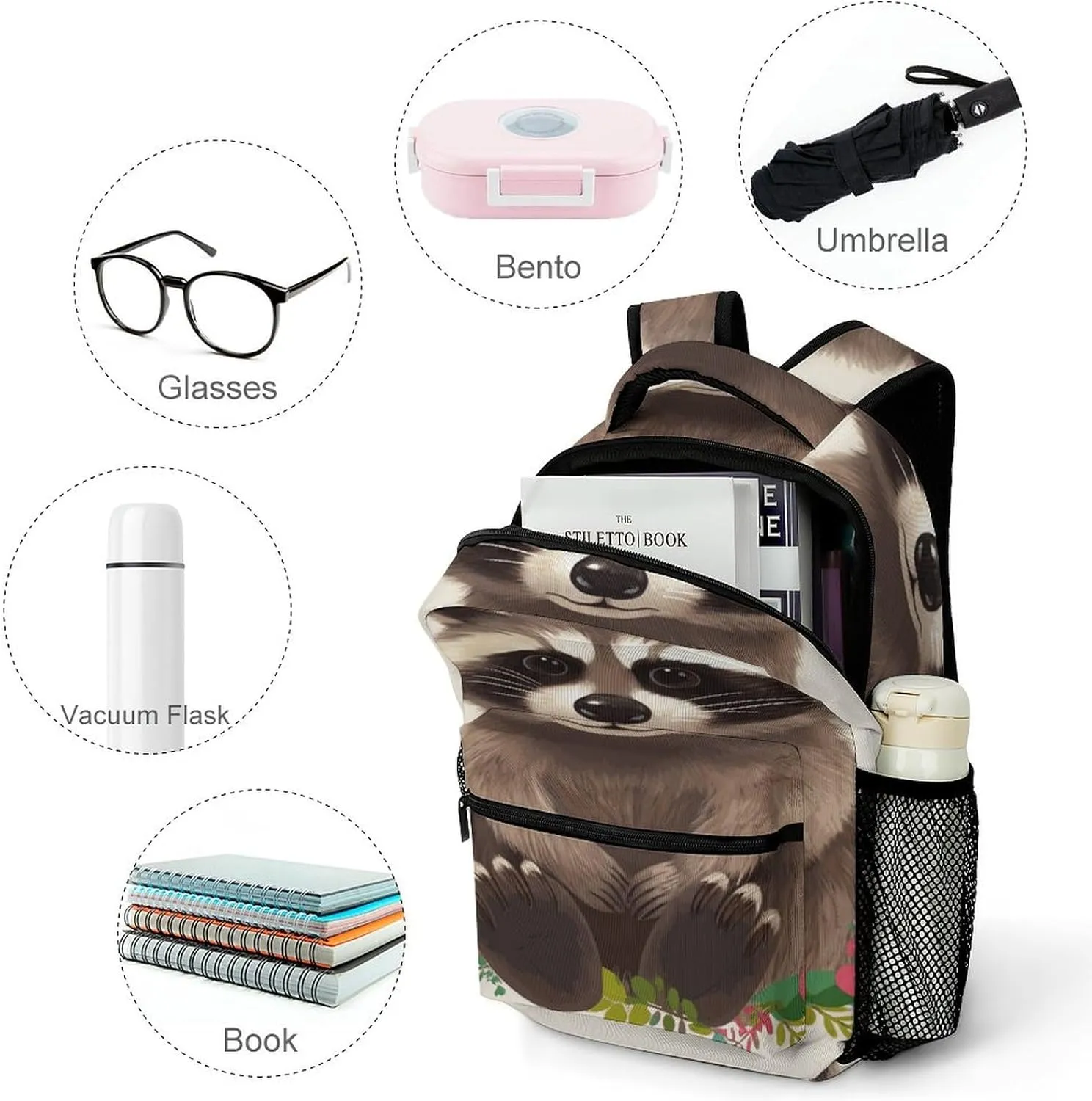 Small Backpacks Personalized Raccoon Printing Travel Bag Lightweight Travel Backpack For Women Men