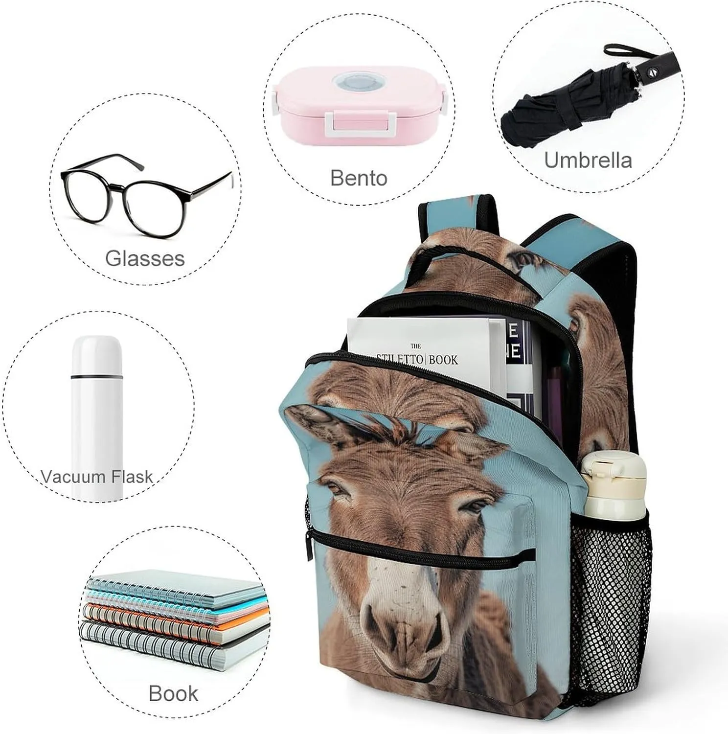 Small Backpacks Personalized Real Image of Donkey Printing Travel Bag Lightweight Travel Backpack For Women Men