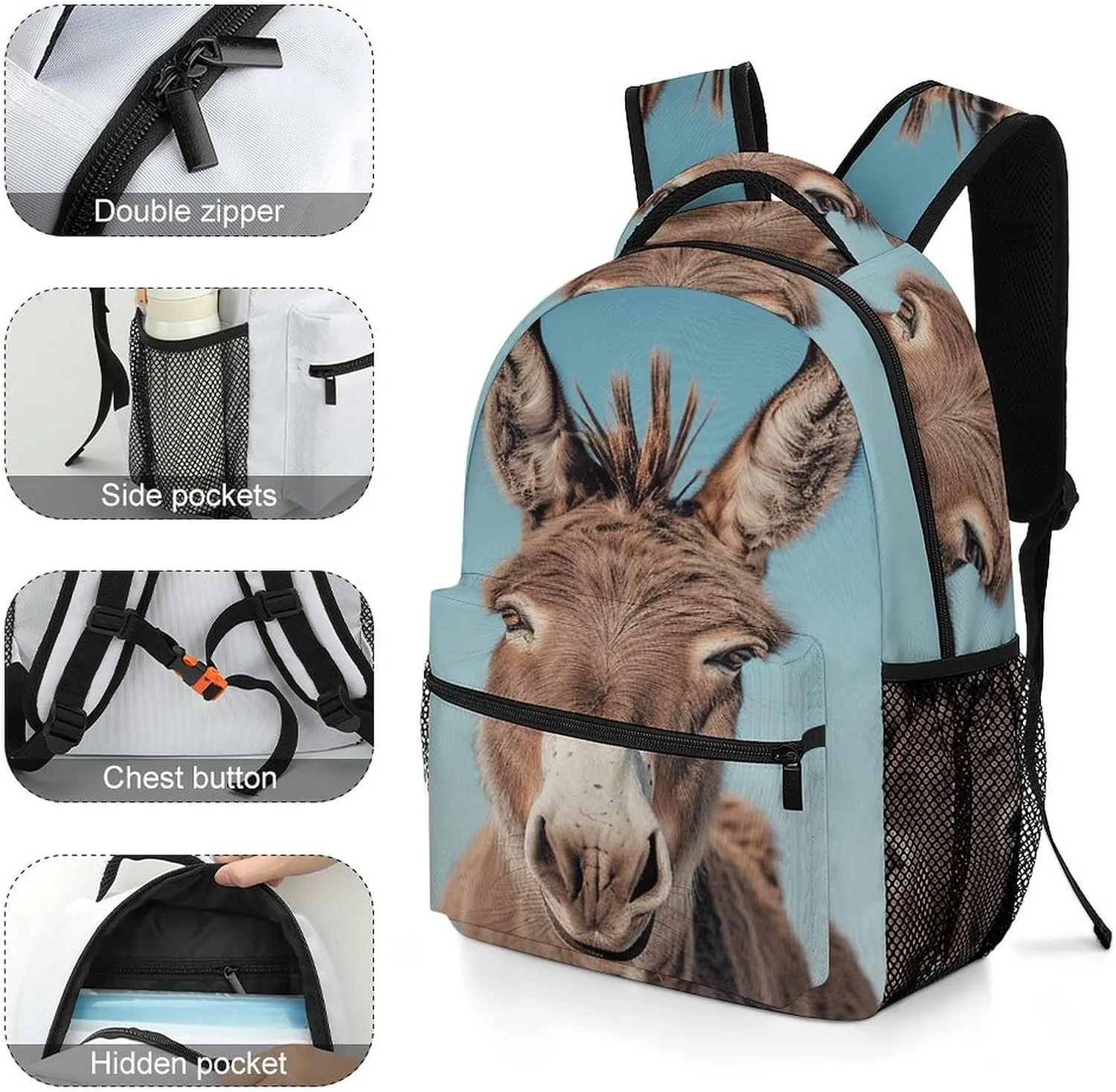Small Backpacks Personalized Real Image of Donkey Printing Travel Bag Lightweight Travel Backpack For Women Men