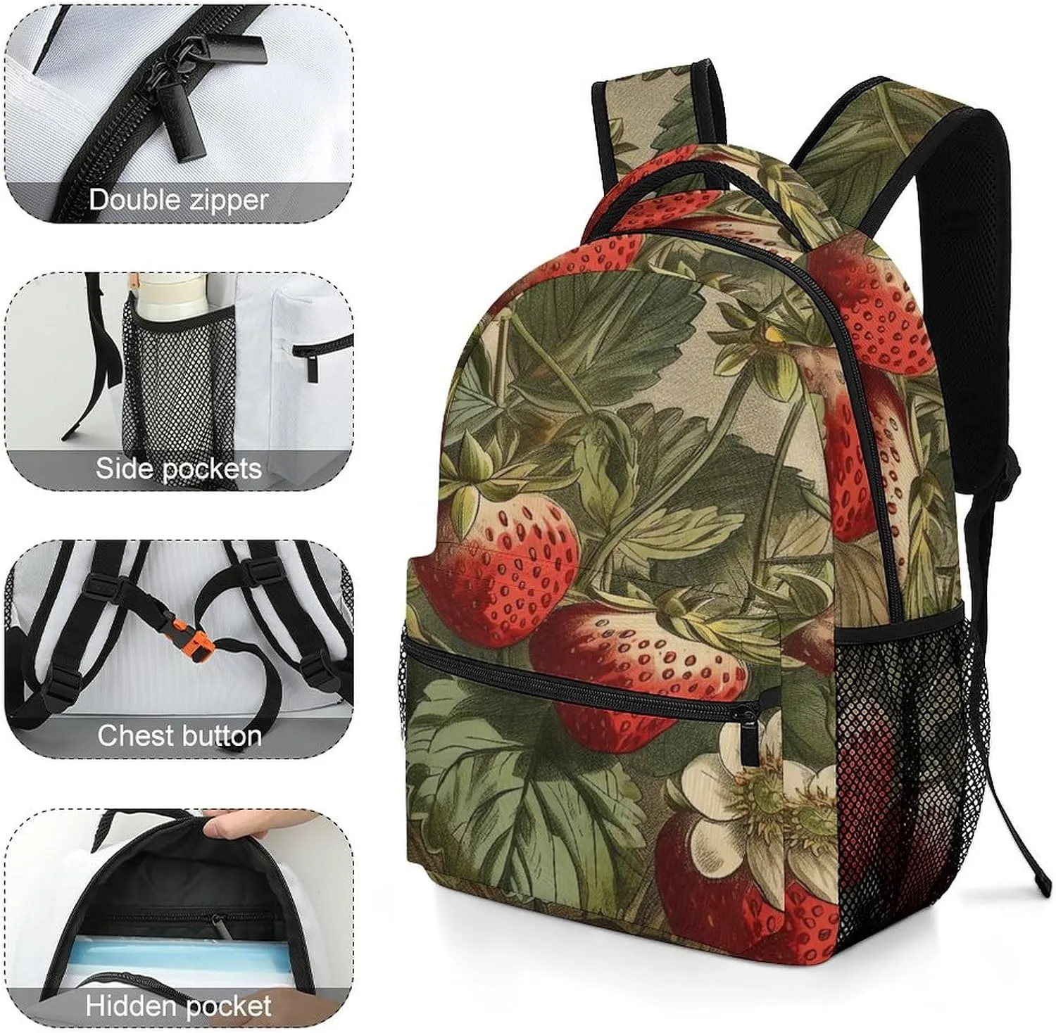 Small Backpacks Personalized Red Strawberry Printing Travel Bag Lightweight Travel Backpack For Women Men